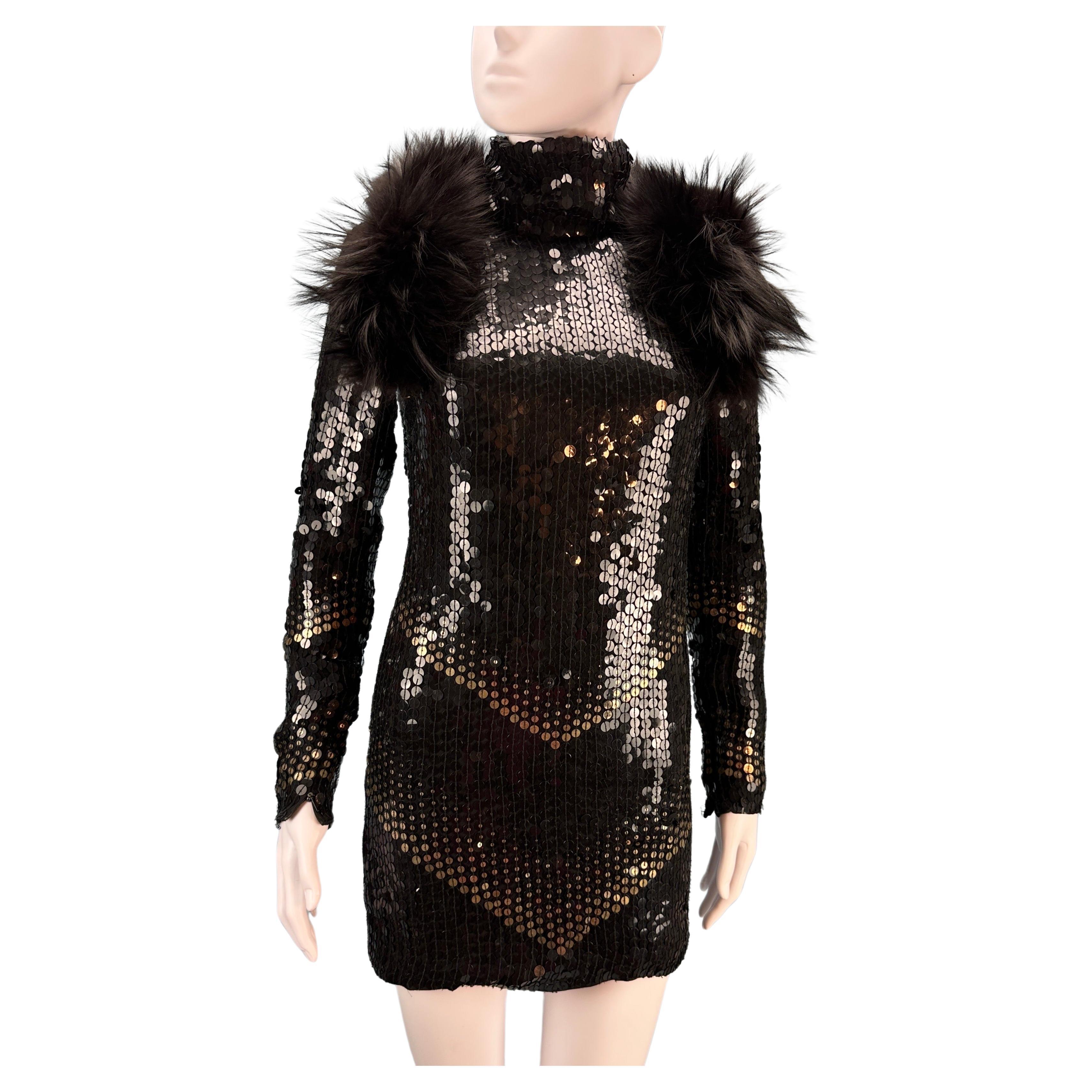 Gucci Fall 2006 Runway Sequin & Fur Scarf Dress For Sale
