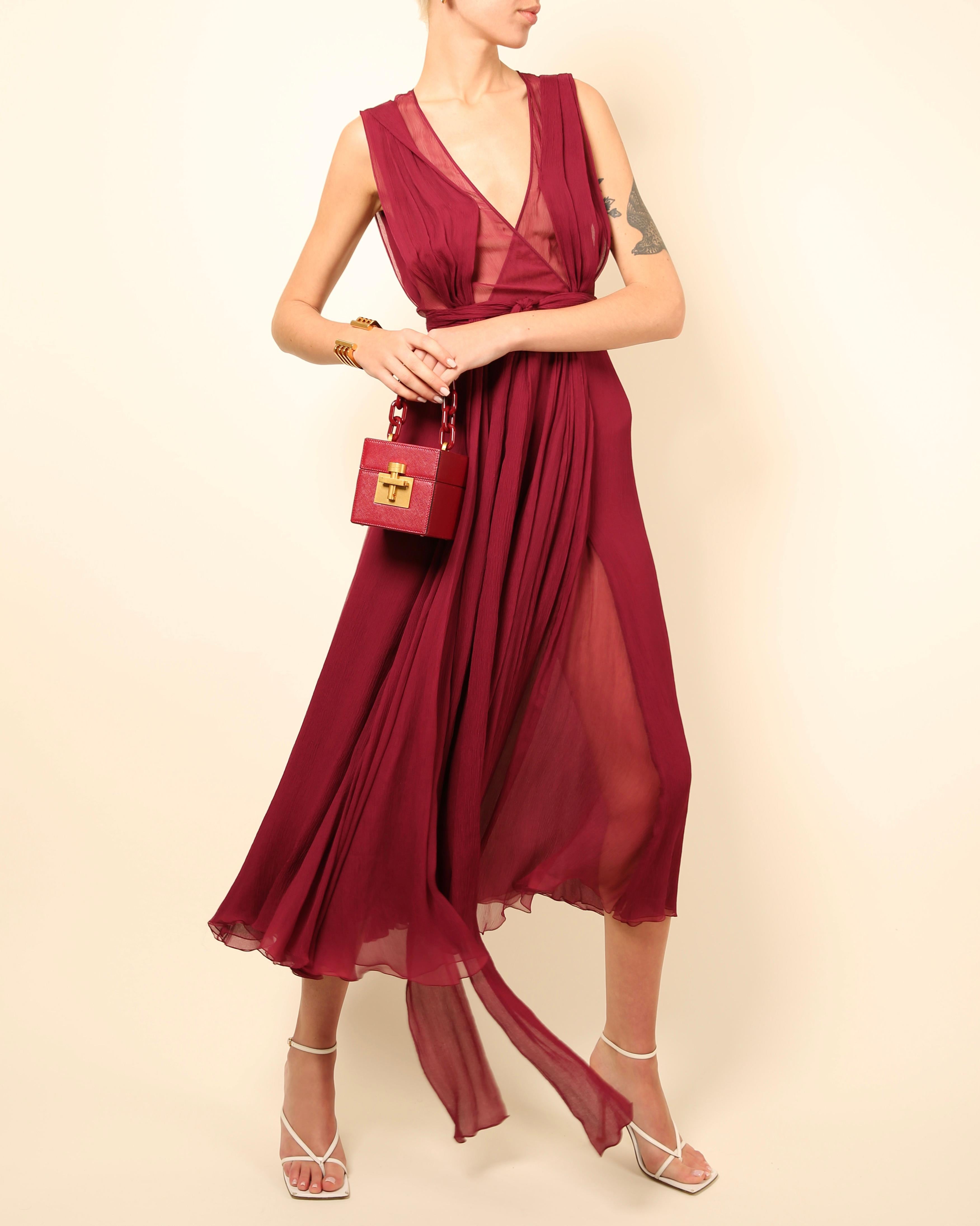 Gucci Fall 2011 burgundy chiffon silk plunging neckline sheer cut out gown dress For Sale 3