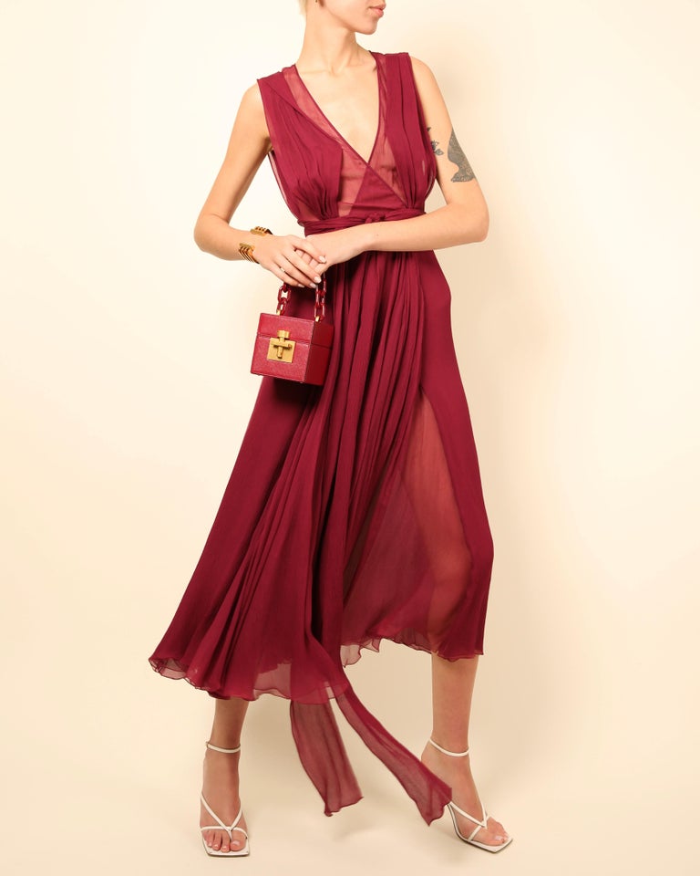 Gucci Fall 2011 burgundy chiffon silk plunging neckline sheer cut out gown  dress