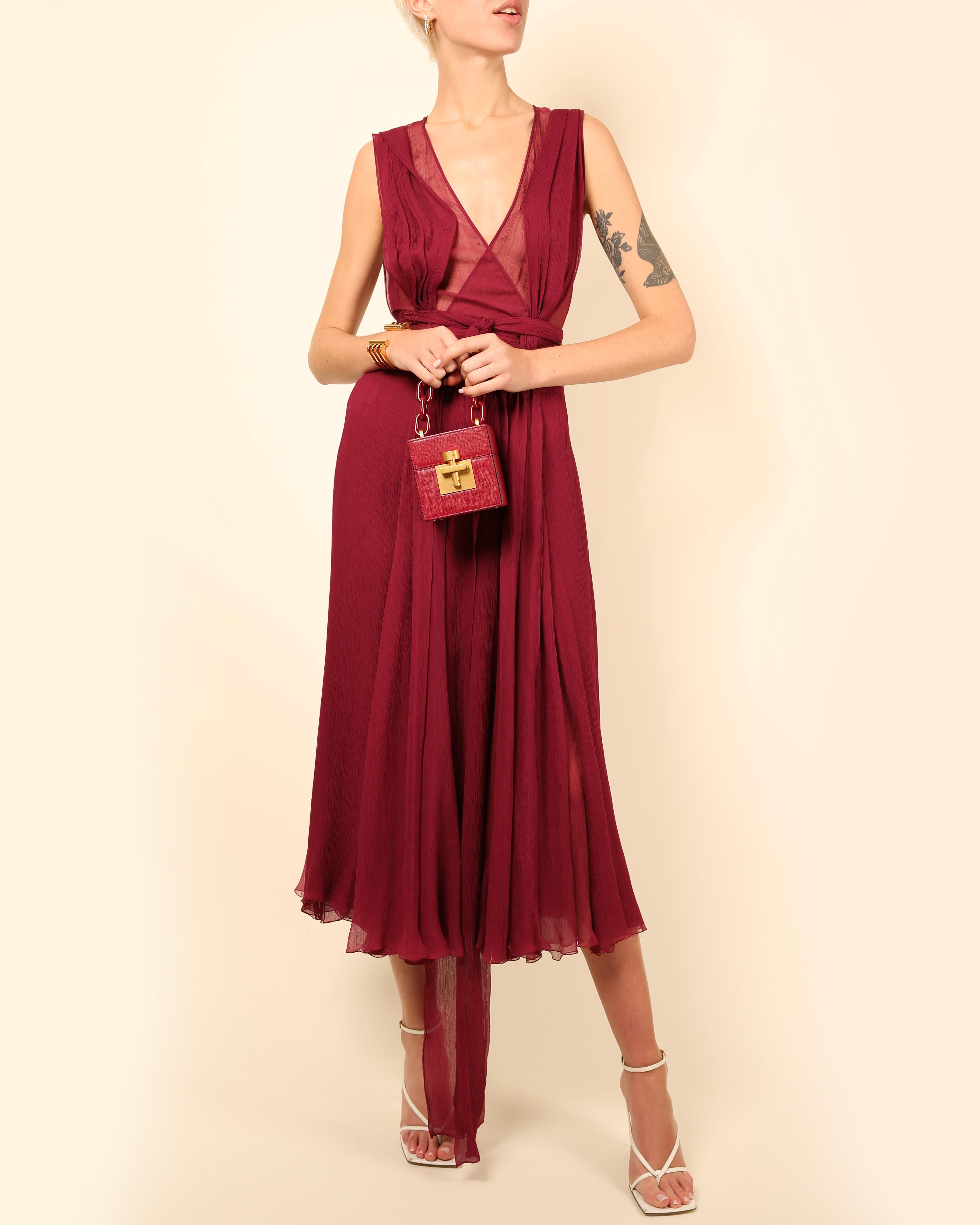 Red Gucci Fall 2011 burgundy chiffon silk plunging neckline sheer cut out gown dress For Sale