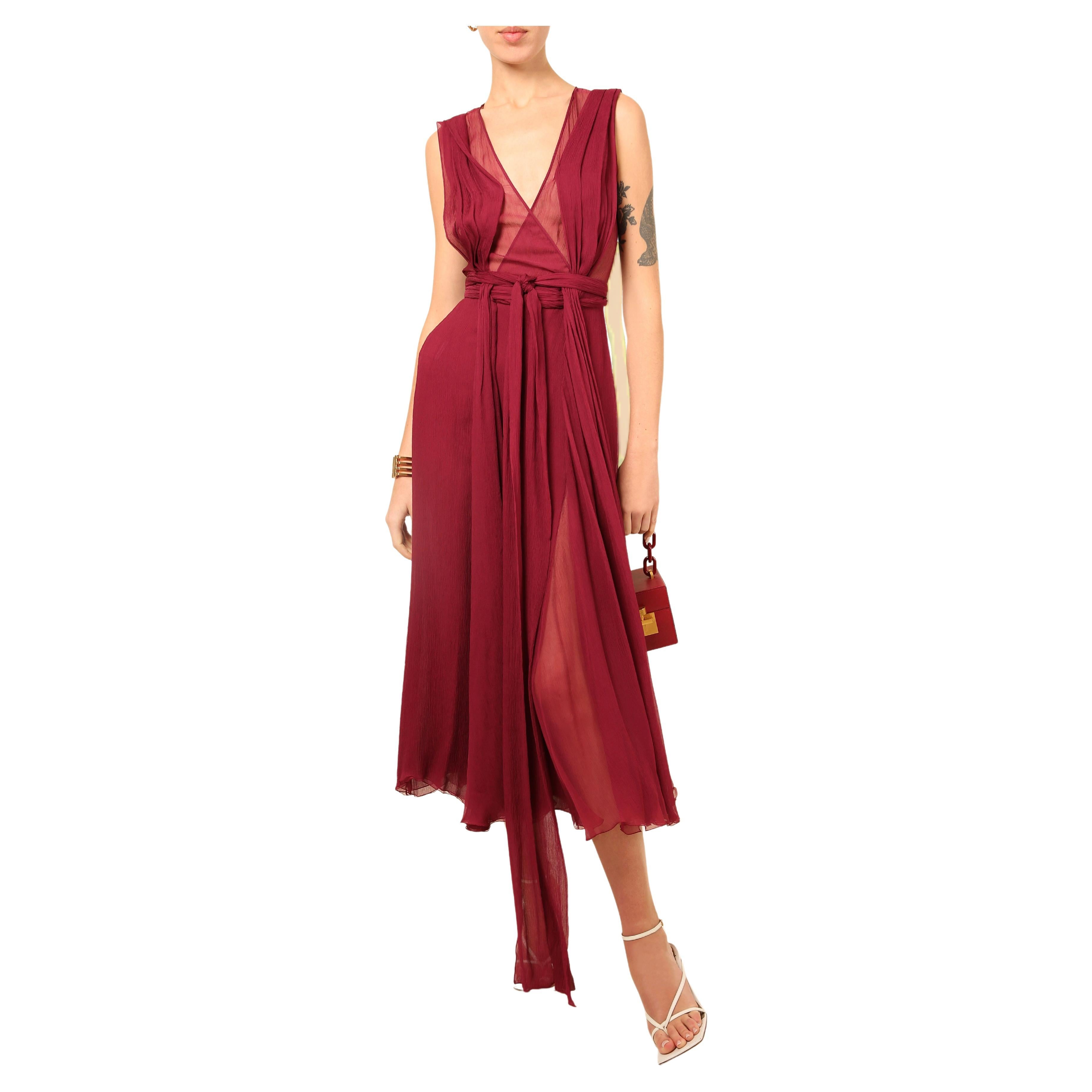 Gucci Fall 2011 burgundy chiffon silk plunging neckline sheer cut out gown dress For Sale
