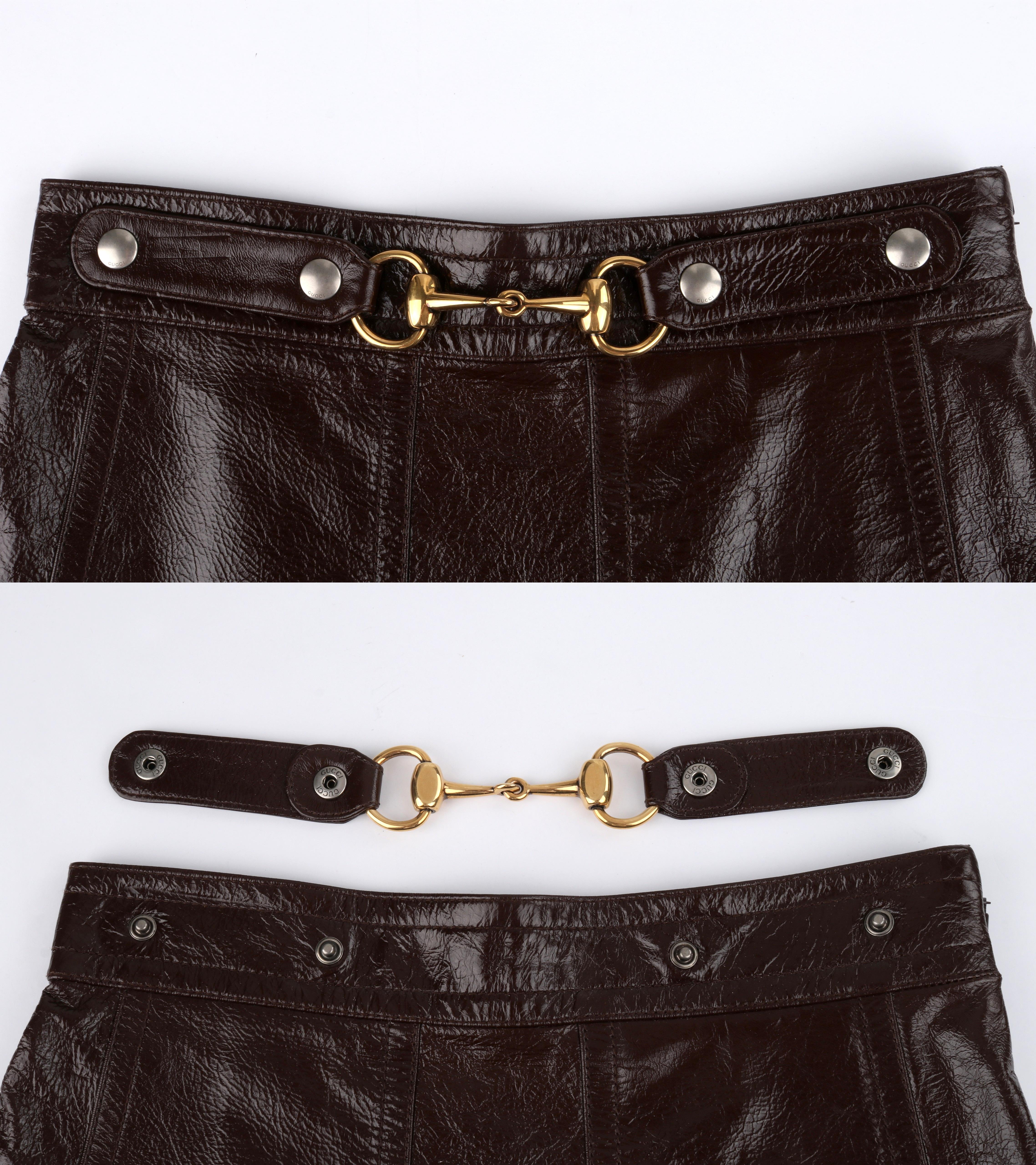 Women's GUCCI Fall 2017 Brown Genuine Leather Gold Horsebit Buckle Pleated Mini Skirt For Sale