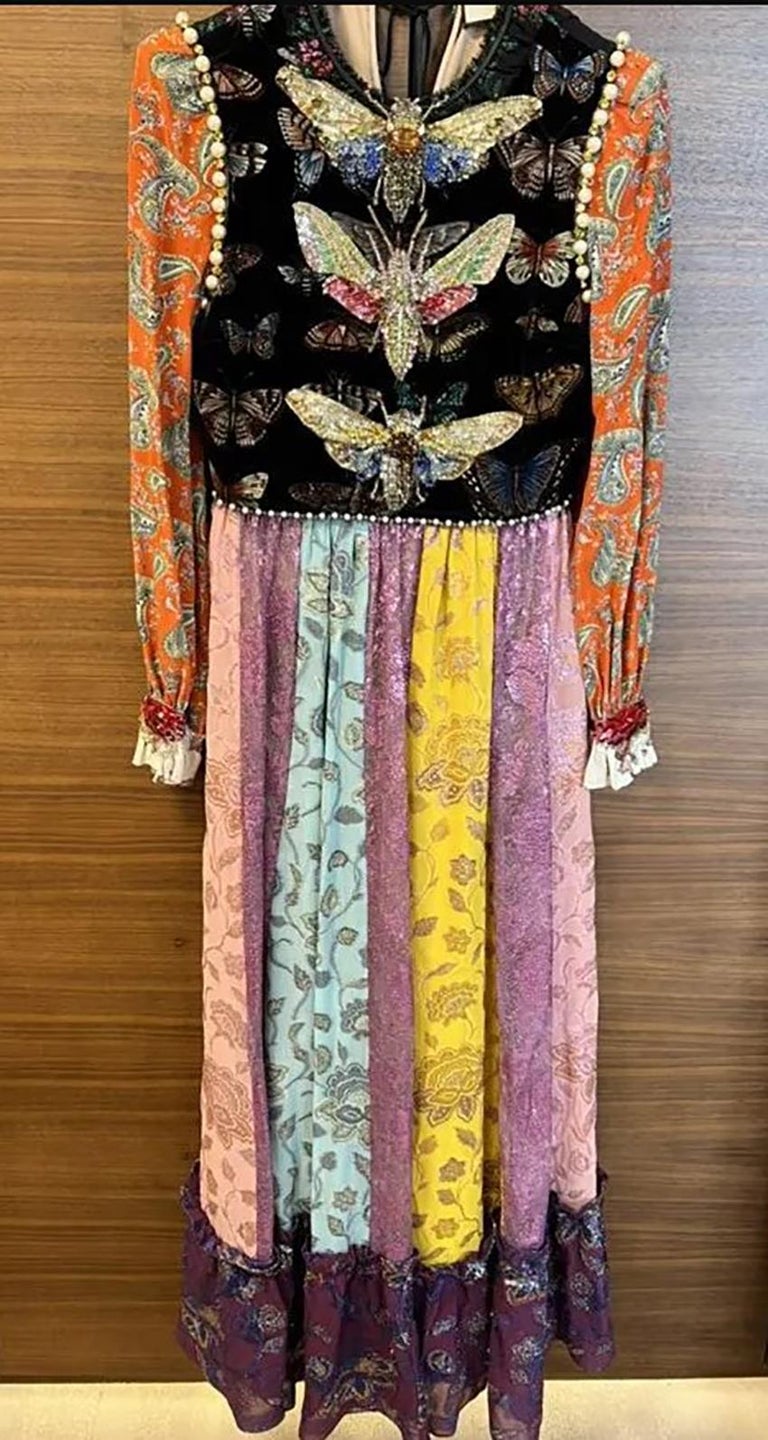 GUCCI Fall/2017 L#45 LONG SILK BOHO DRESS EBBELLISHED w/RHINESTONES Size IT  42 at 1stDibs | gucci long dress