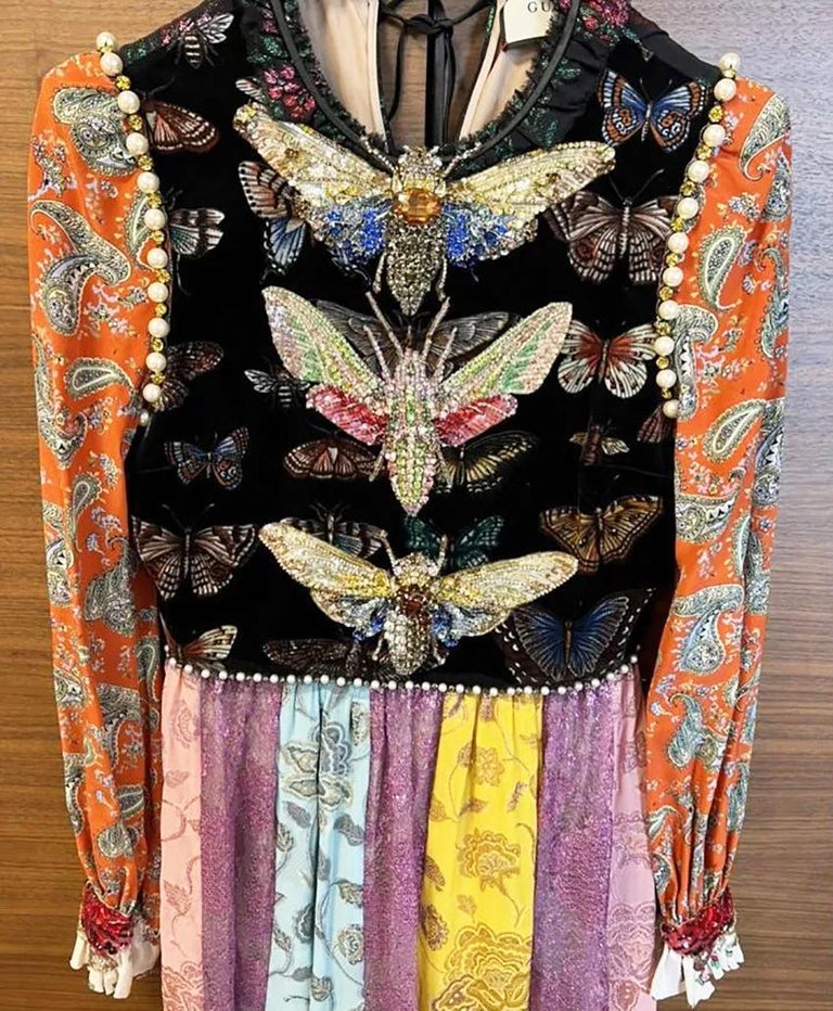GUCCI Fall/2017 L#45 LONG SILK BOHO DRESS EBBELLISHED w/RHINESTONES Size IT  42