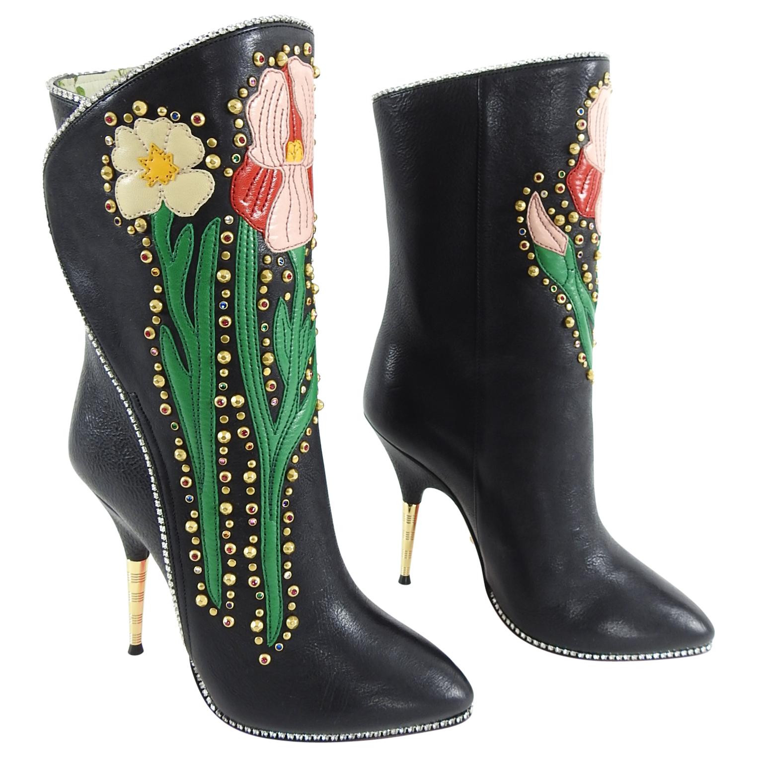 Gucci Fall 2017 Runway Black Crystal Floral Ankle Boots - 5 1