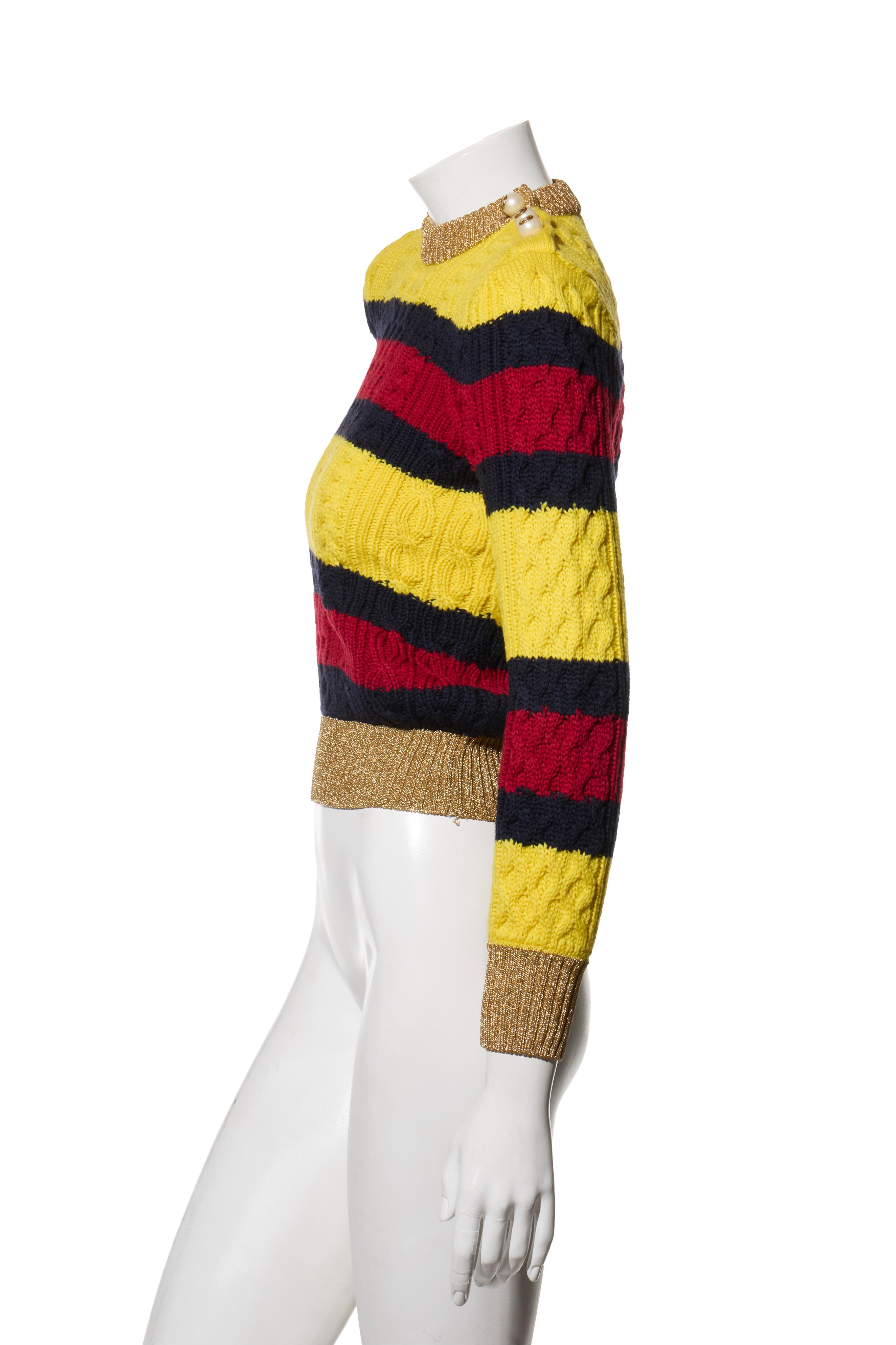 Beige Gucci Fall/Winter 2017 Striped Cable Knit Sweater with GG Pearl Buttons Size S For Sale