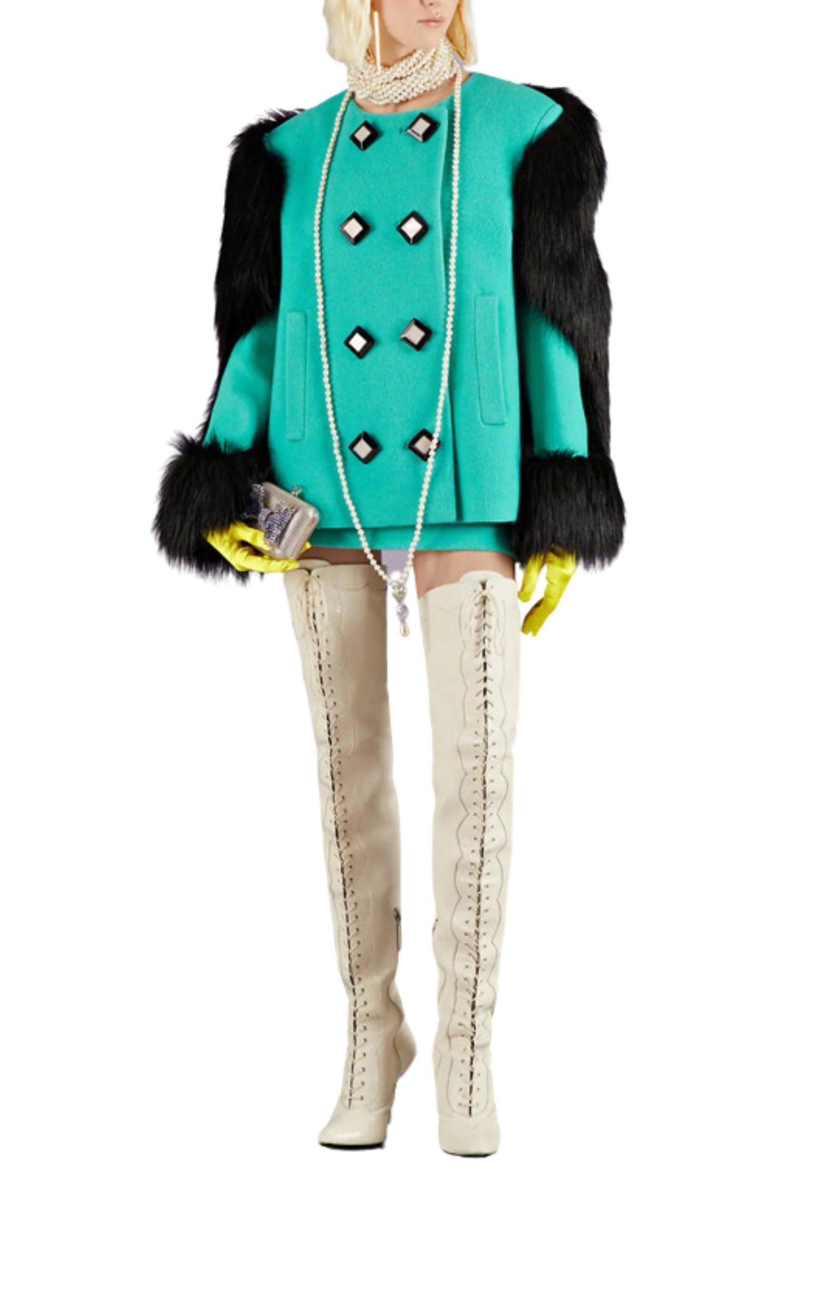 Blue Gucci Faux Fur-trimmed Wool Jacket  IT 42 For Sale