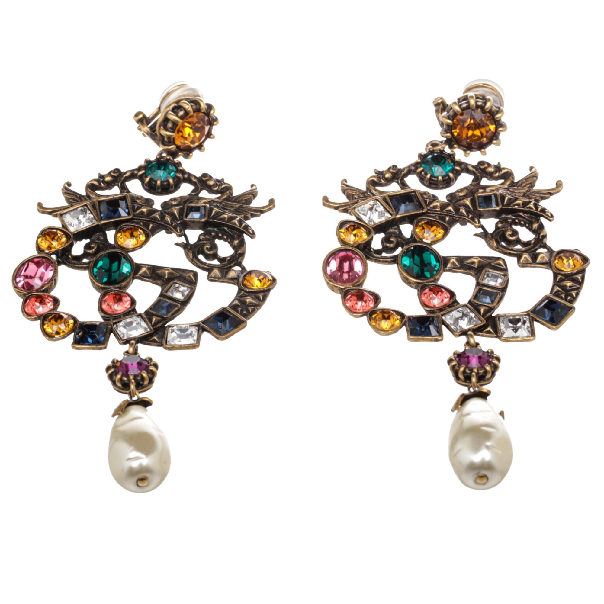 Women's or Men's Gucci Faux Pearl & Multicolor Crystals Gg Clip-on Earrings