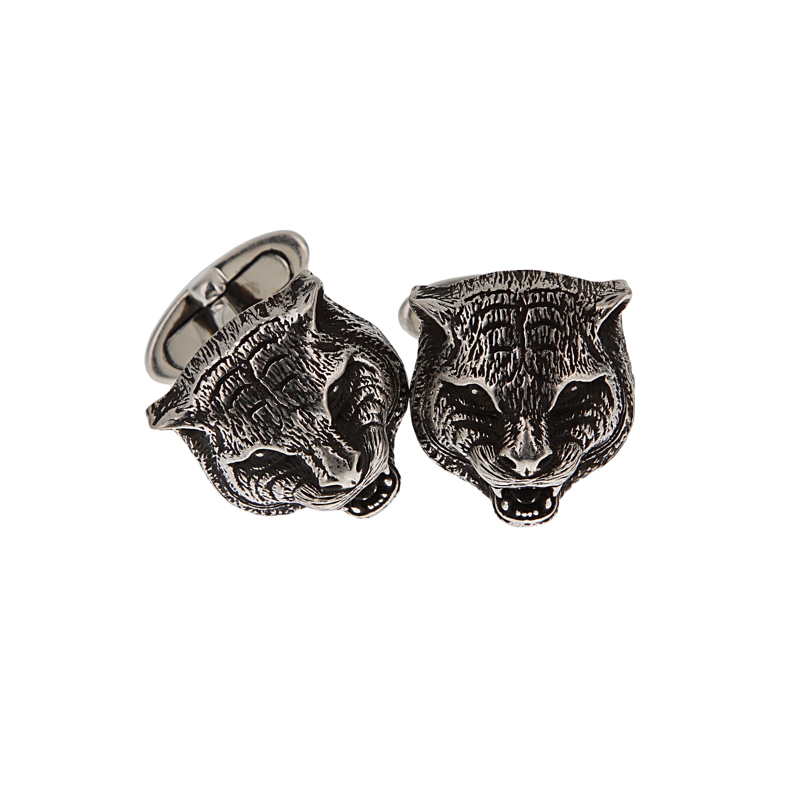 Gucci Manschettenknöpfe aus gealtertem Sterling Silber mit Katzenkopf