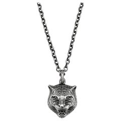 Gucci Feline Head Aged Sterling Silver Necklace YBB433608001