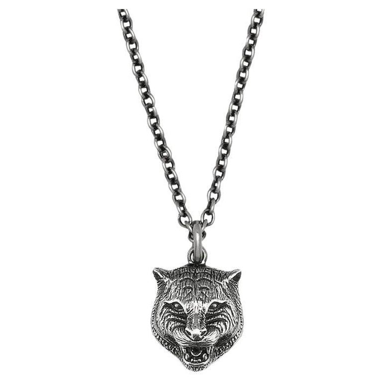 Gucci Feline Head Aged Sterling Silver Necklace YBB433608001 at