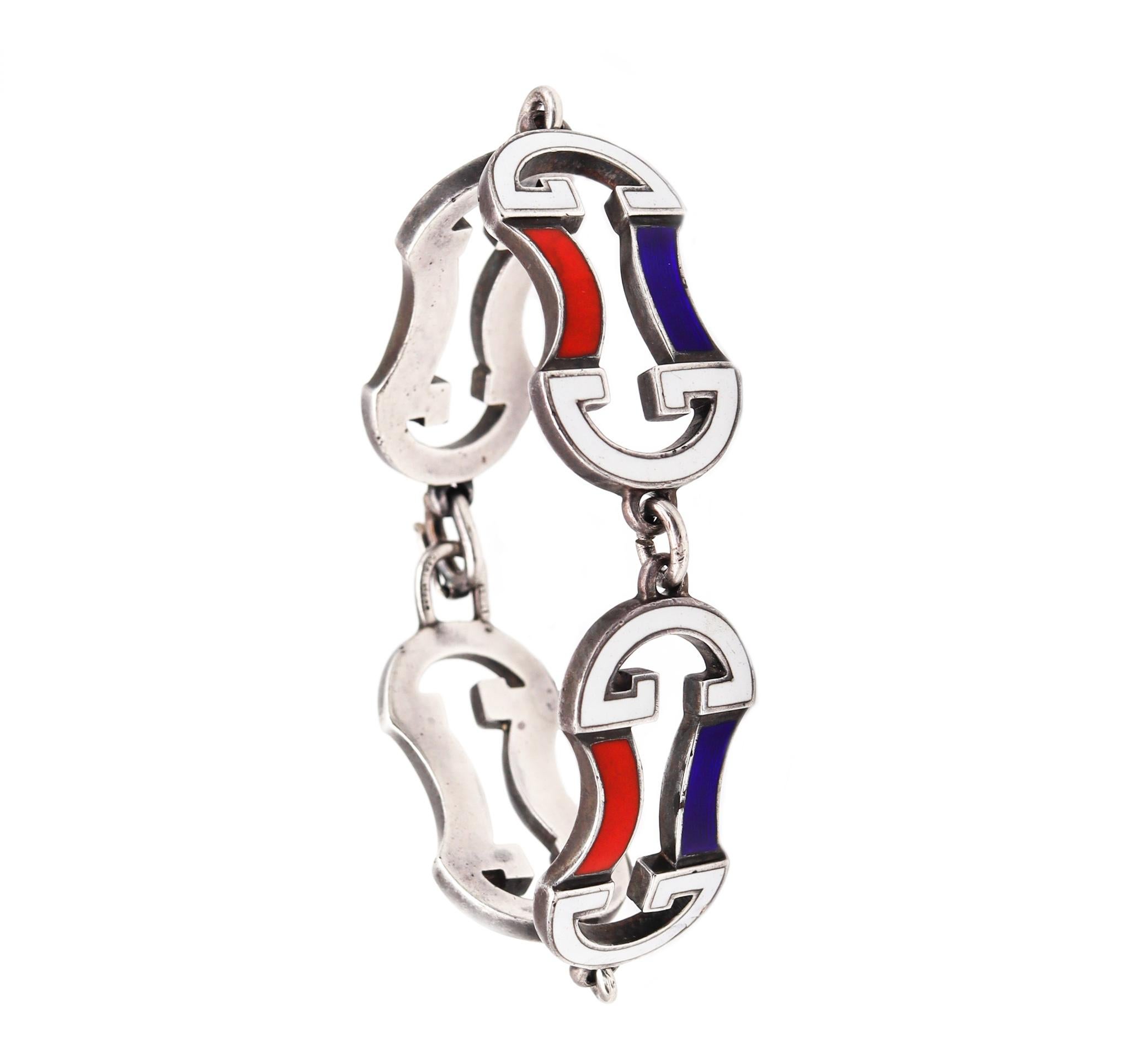 A colorful G bracelet designed by Gucci.

Unusual vintage piece, created in Florence Italy by the fashion house of Gucci, back in the 1970. This bracelet is very rare and has been carefully crafted in solid .925/.999 sterling silver, with high