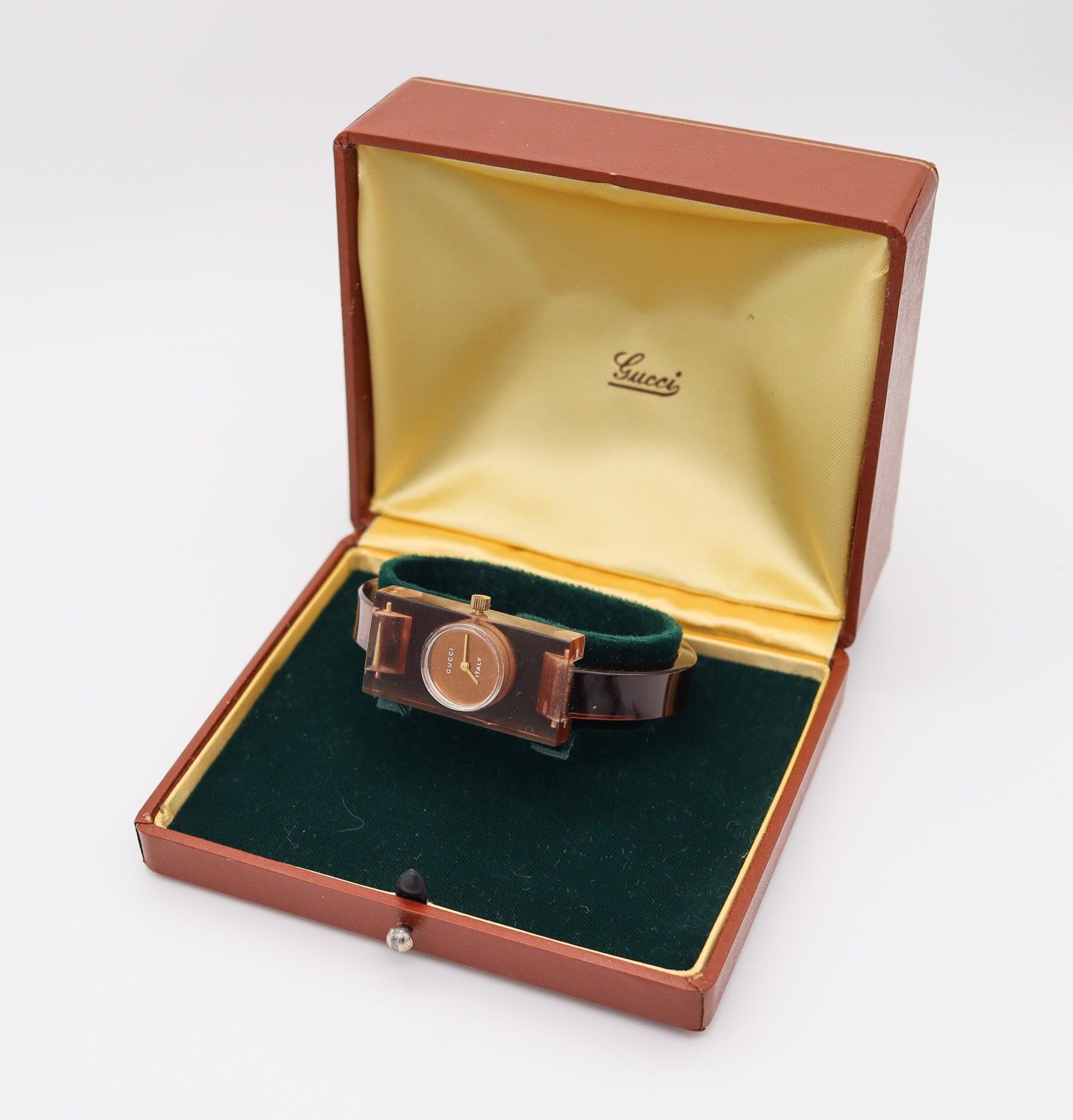 Modernist GUCCI Firenze Vintage Ladies Geometric Wristwatch In Translucent Lucite With Box For Sale