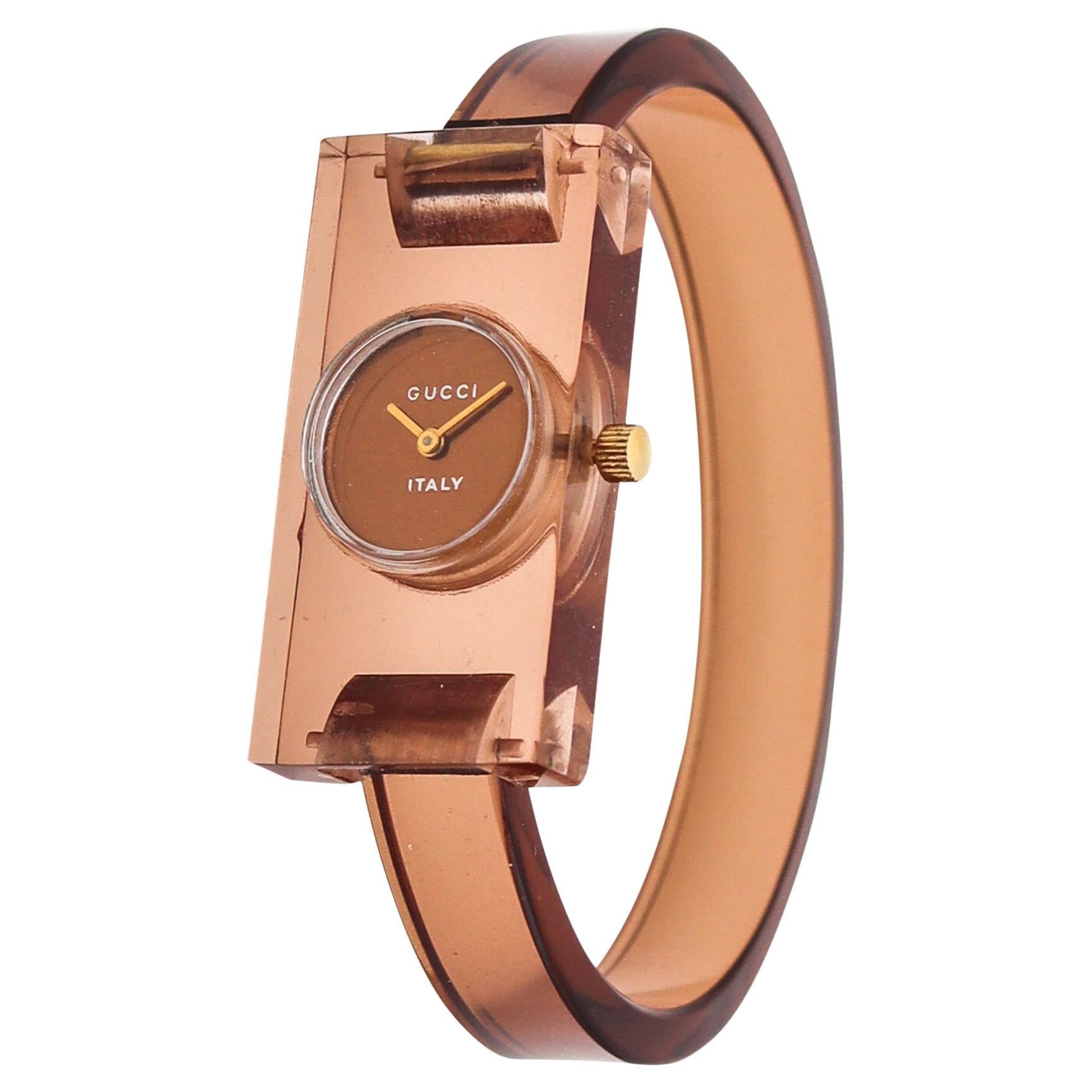 GUCCI Firenze Vintage Ladies Geometric Wristwatch In Translucent Lucite With Box