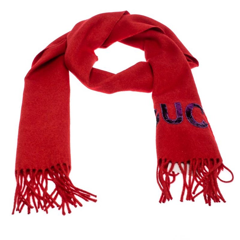 Gucci Flame Red Cashmere Silk Guccy Sequined Applique Scarf at 1stDibs