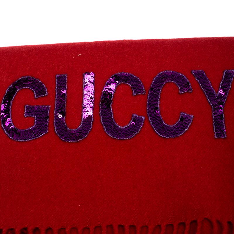 Women's Gucci Flame Red Cashmere Silk Guccy Sequined Applique Scarf