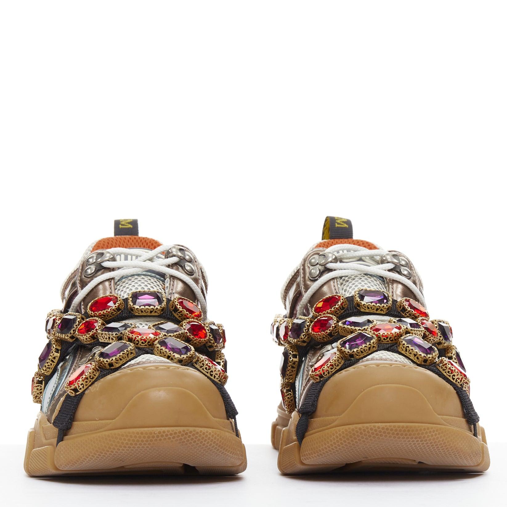 GUCCI Flashtrek rosa azul cuero metálico cristal arnés papá zapatillas EU37 Marrón en venta