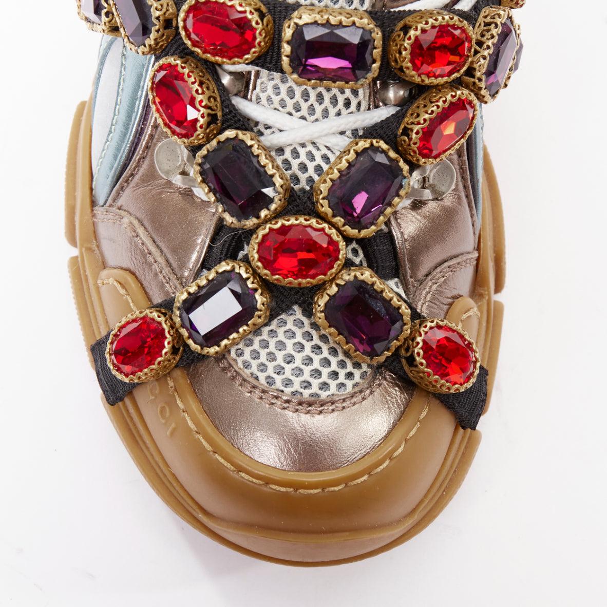GUCCI Flashtrek rosa azul cuero metálico cristal arnés papá zapatillas EU37 en venta 1