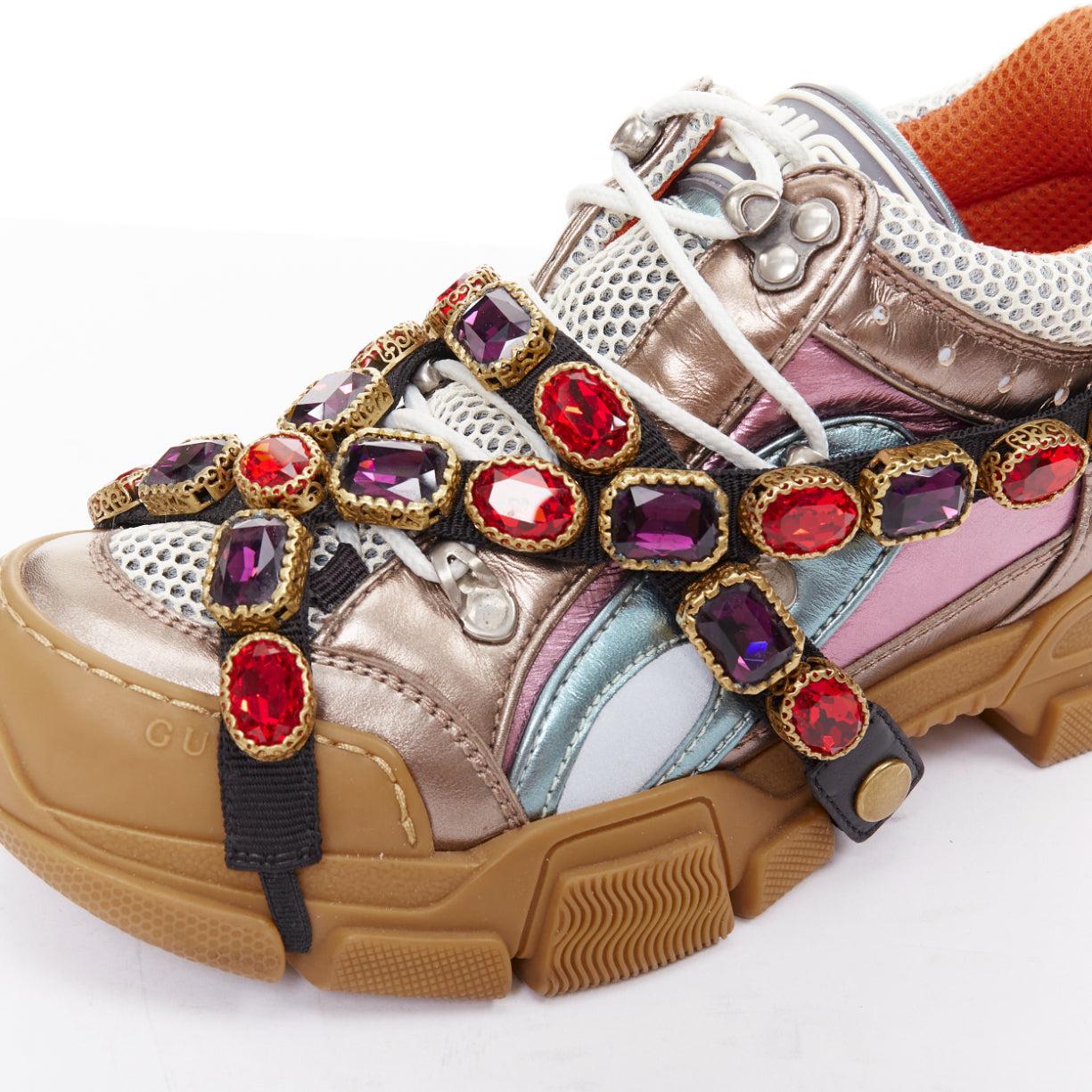 GUCCI Flashtrek rosa azul cuero metálico cristal arnés papá zapatillas EU37 en venta 2