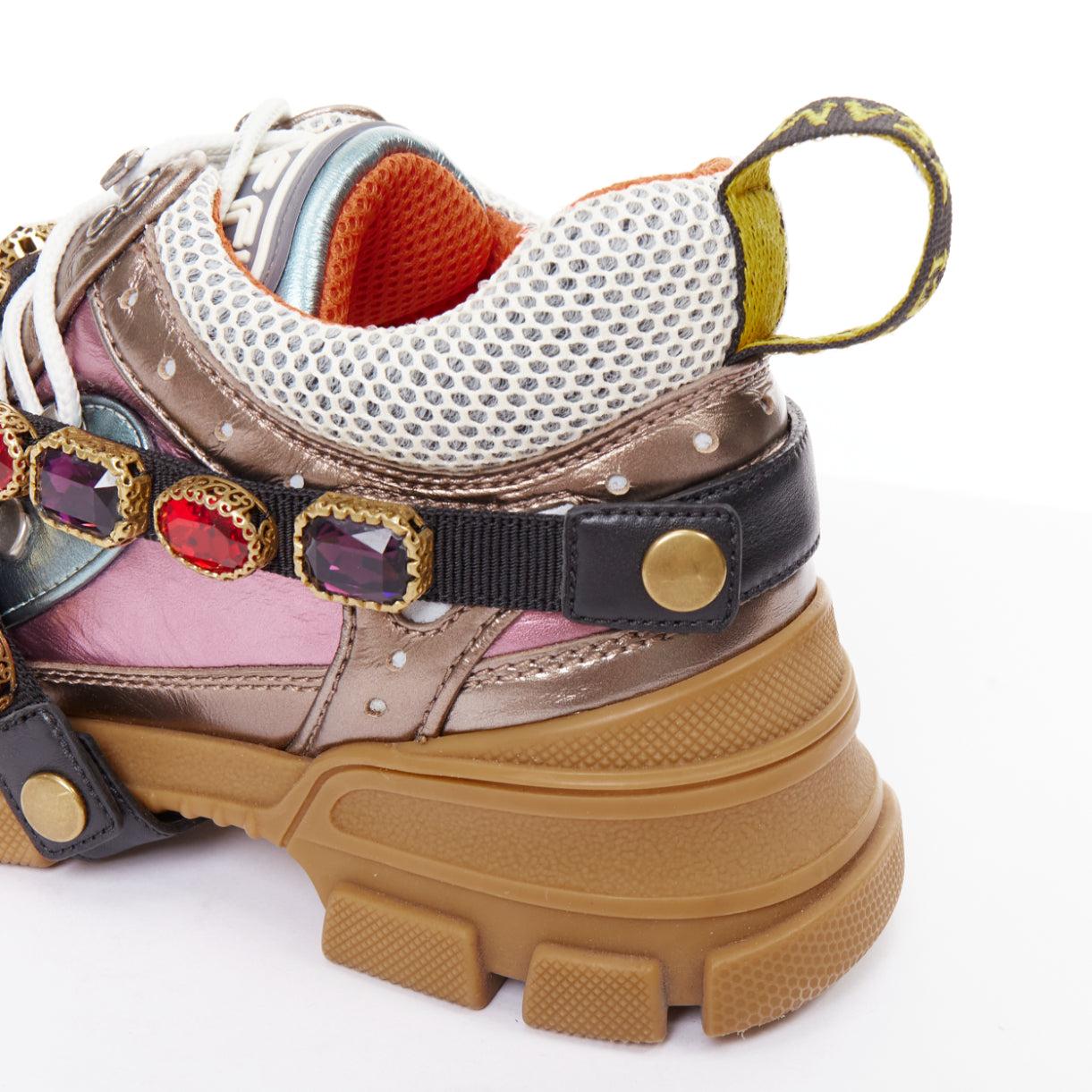 GUCCI Flashtrek rosa azul cuero metálico cristal arnés papá zapatillas EU37 en venta 3