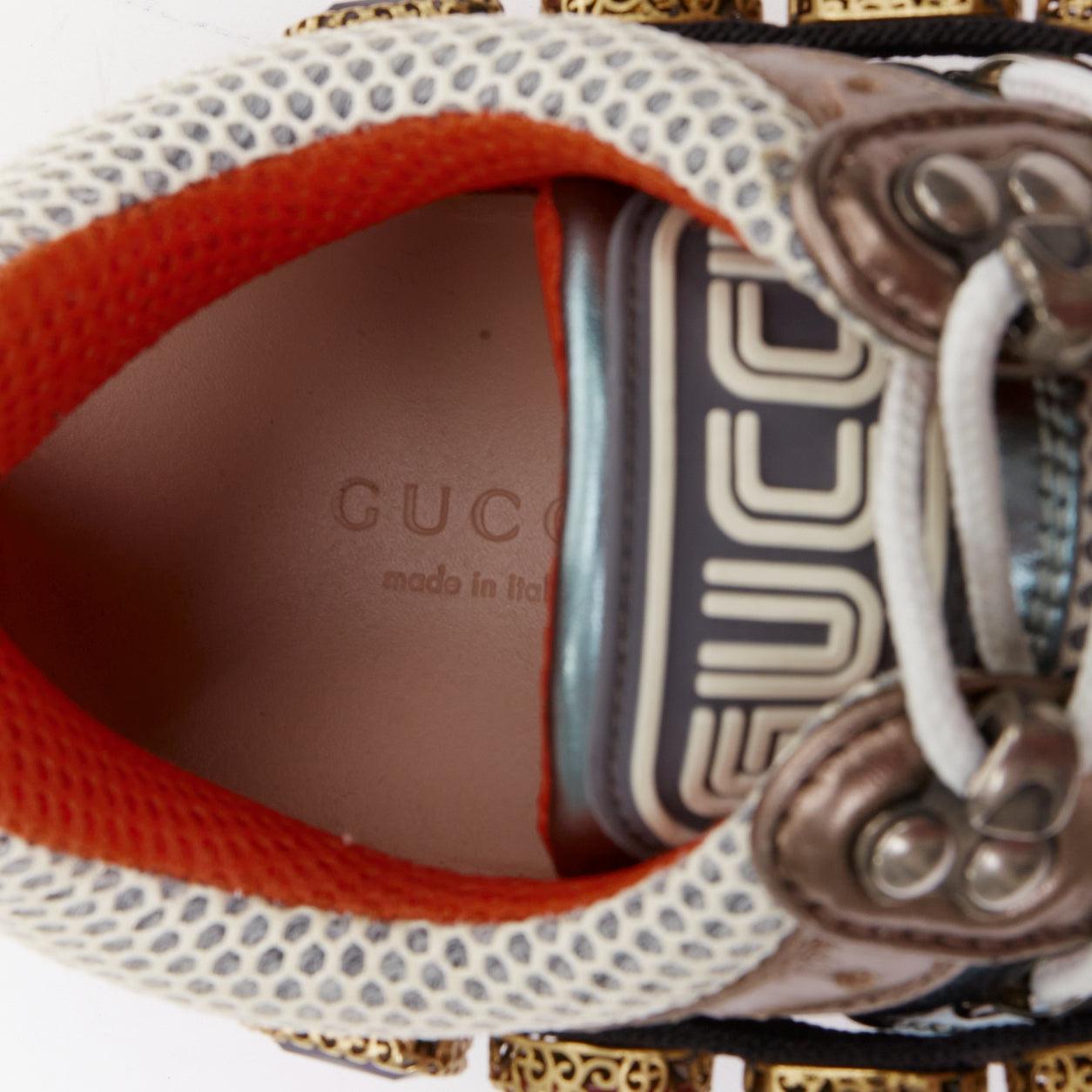 GUCCI Flashtrek rosa azul cuero metálico cristal arnés papá zapatillas EU37 en venta 4