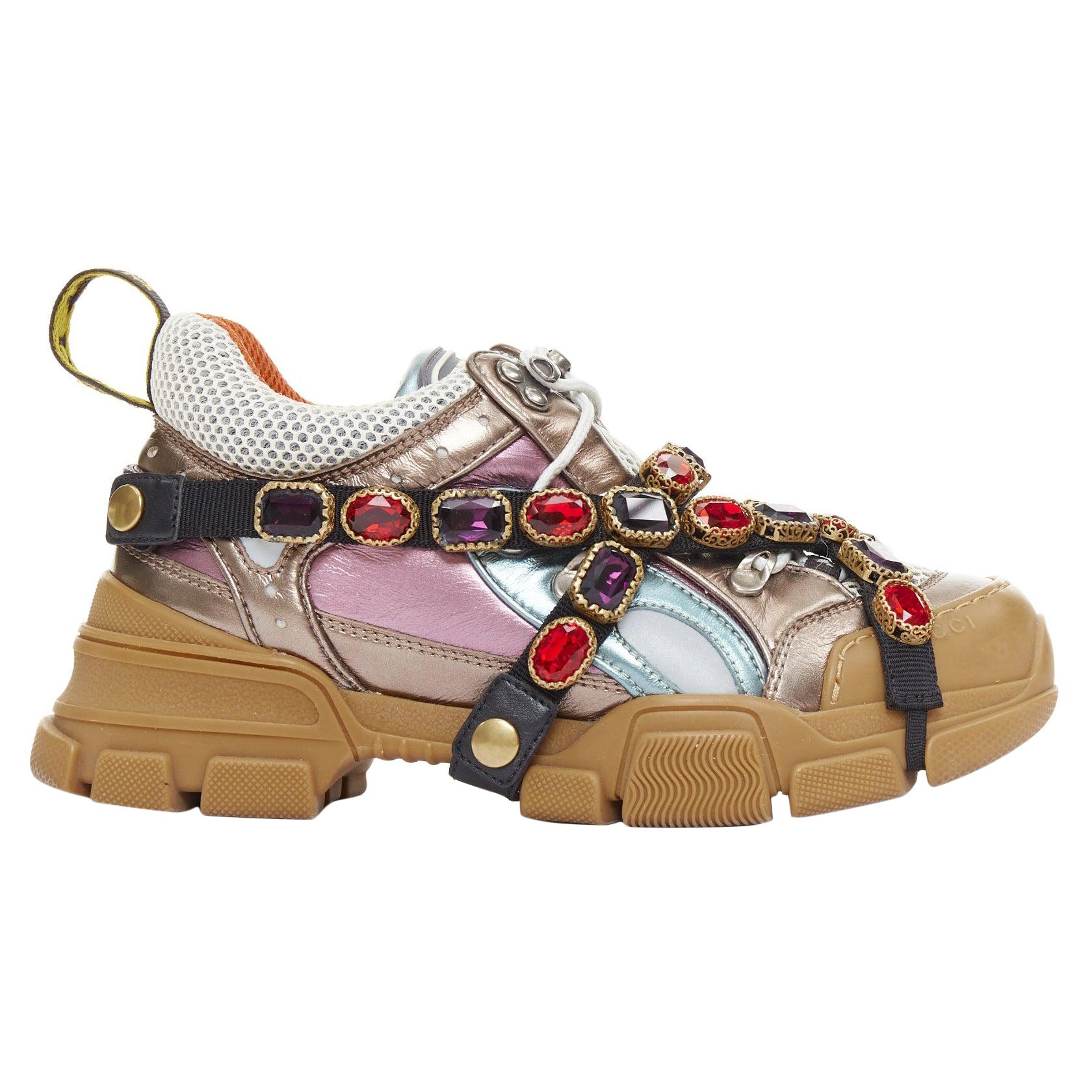 GUCCI Flashtrek rosa azul cuero metálico cristal arnés papá zapatillas EU37 en venta