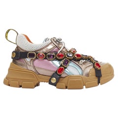 GUCCI Flashtrek rosa azul cuero metálico cristal arnés papá zapatillas EU37