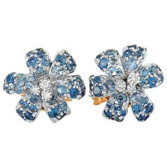 Gucci Flora 18 Karat White and Yellow Gold Diamond and Sapphire Stud Earrings
