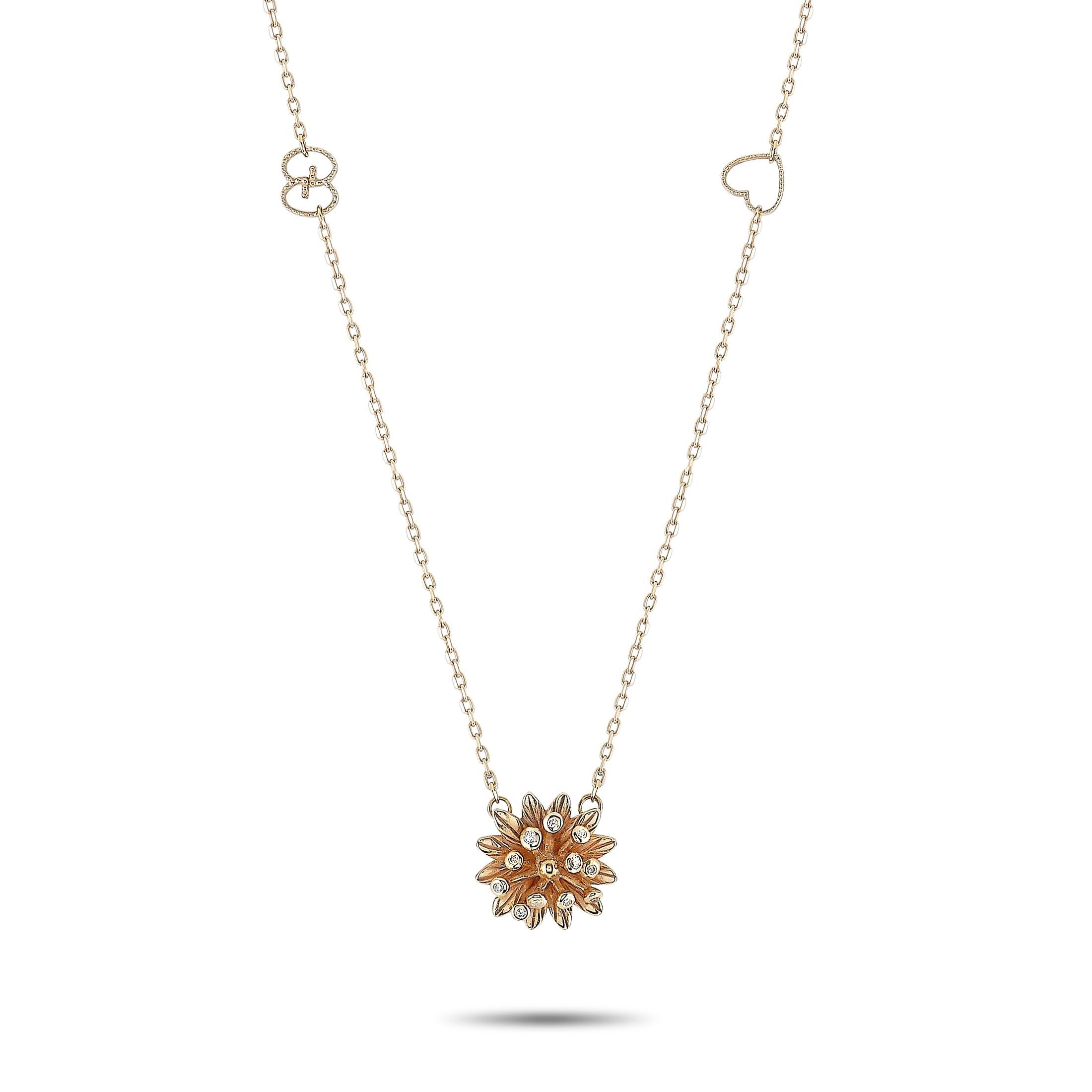 The Gucci “Flora” necklace is made out of 18K rose gold and diamonds that total approximately 0.03 carats. The necklace weighs 4.6 grams, and boasts a 16” chain and a pendant that measures 0.50” in length and 0.50” in width.
 
 This jewelry piece is