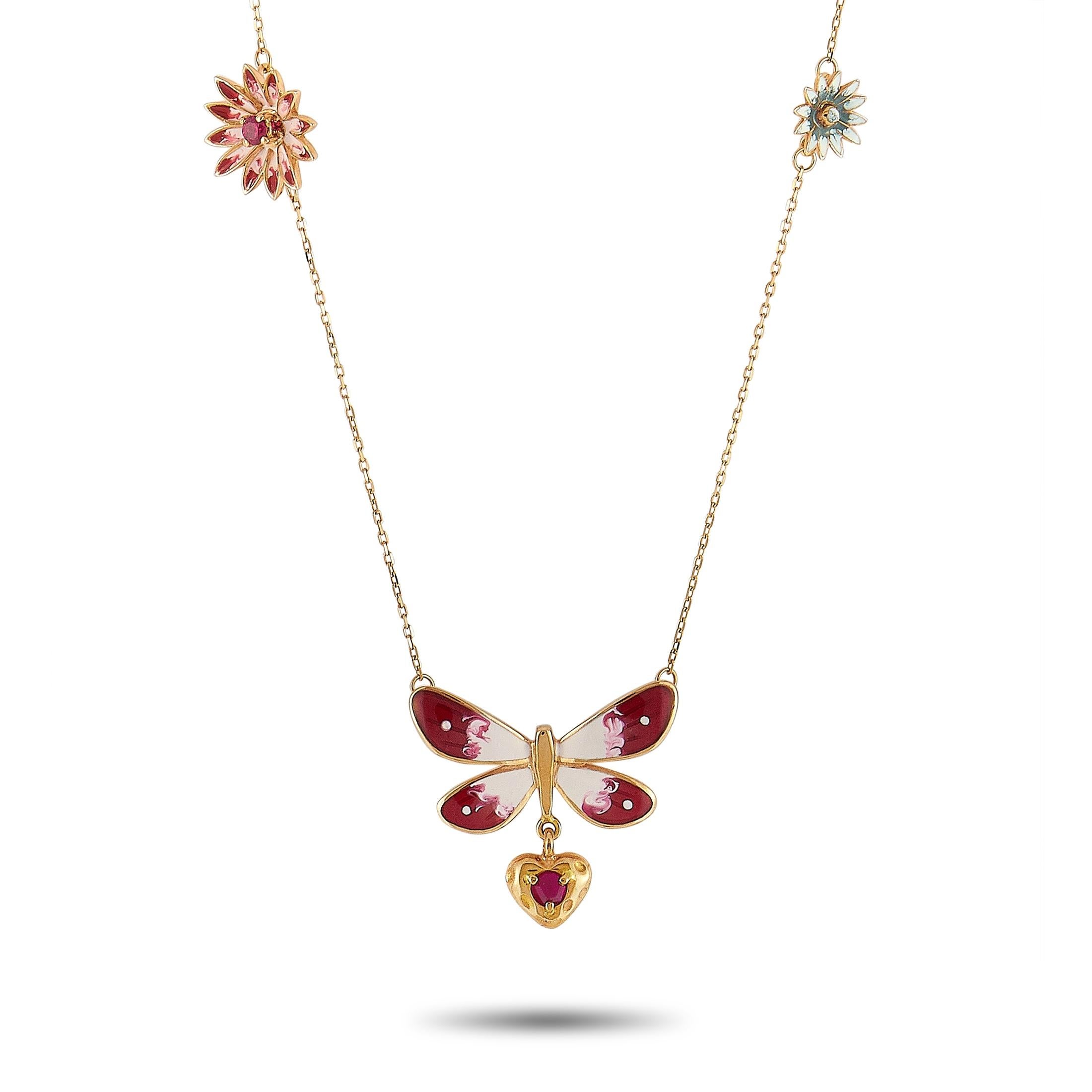 The Gucci “Flora” necklace is made of 18K rose gold and weighs 8 grams. The necklace boasts an 18” chain and a pendant that measures 0.87” in length and 0.87” in width.

This jewelry piece is offered in brand new condition and includes the
