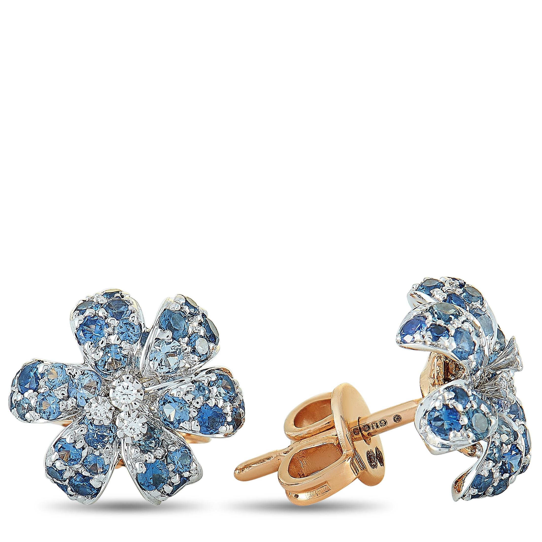 The Gucci “Flora” earrings are made out of 18K white and yellow gold and each of the two weighs 1.5 grams. The pair is set with a total of 0.93 carats of sapphires and a total of 0.02 carats of diamonds that boast GH color and VVS clarity. The