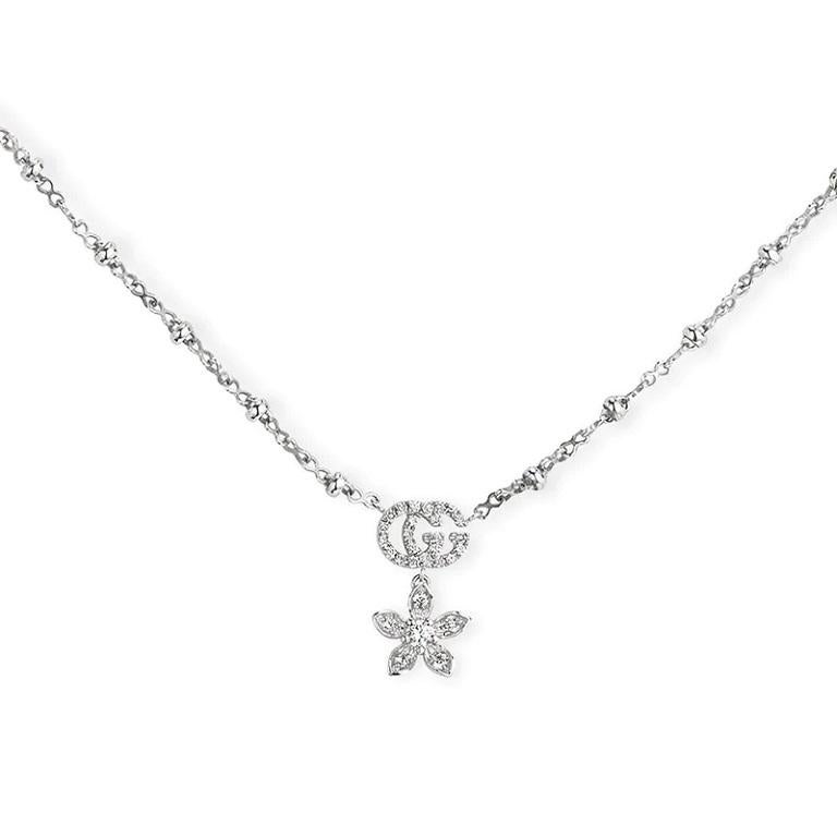 Gucci Flora 18k White Gold Diamond Necklace YBB581842001 In New Condition For Sale In Wilmington, DE