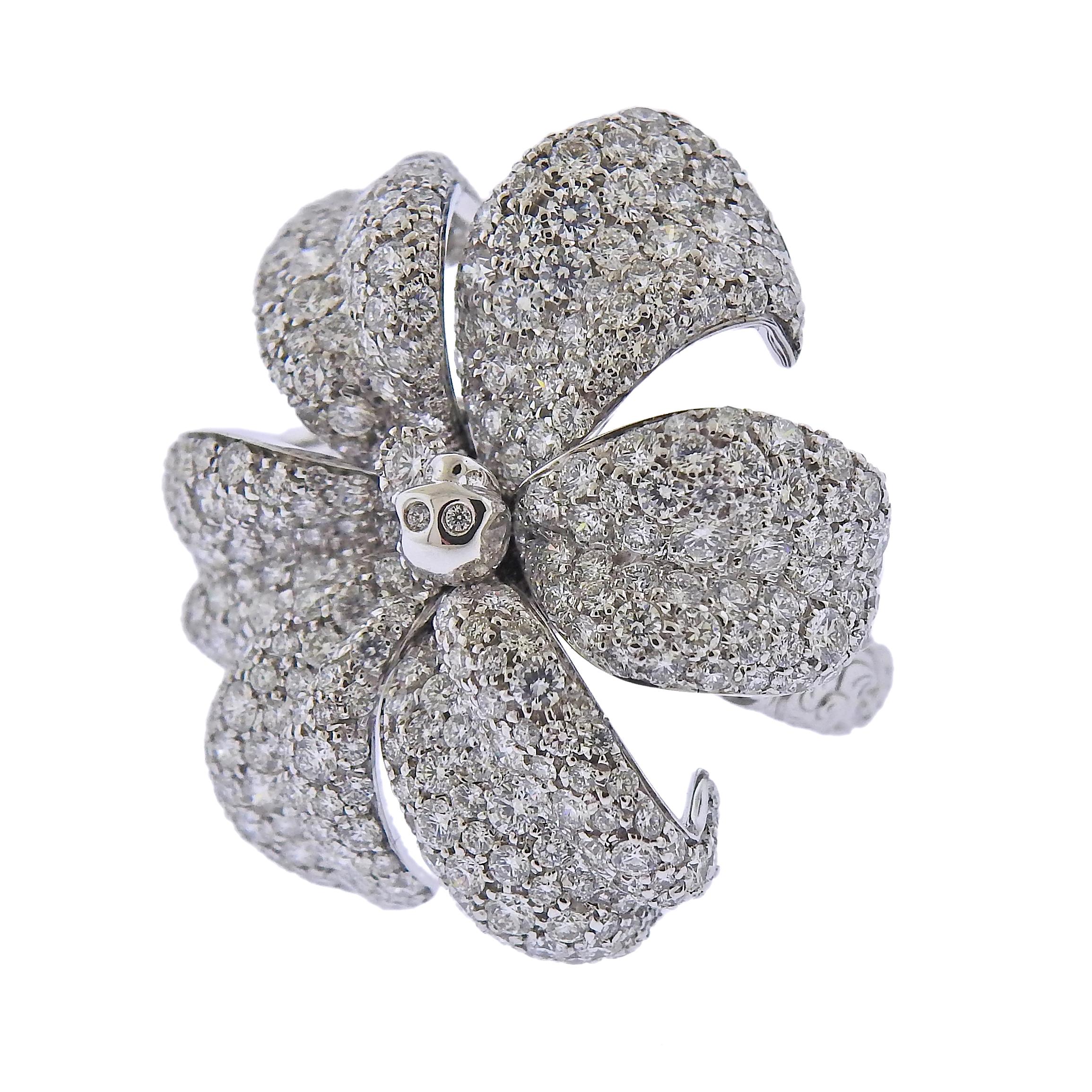 18k white gold flower Flora ring by Gucci, set with approx. 5.64ctw in G/VS diamonds. Approx. retail $25000. With box/papers.  Ring size - 6.25, ring top - 31mm x 30mm. Marked: Gucci, 14, Au750, made in Italy.  Weight - 19.2 grams. 