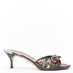 GUCCI Flora black floral print silk twist bow kitten heel mule sandals EU36 US6