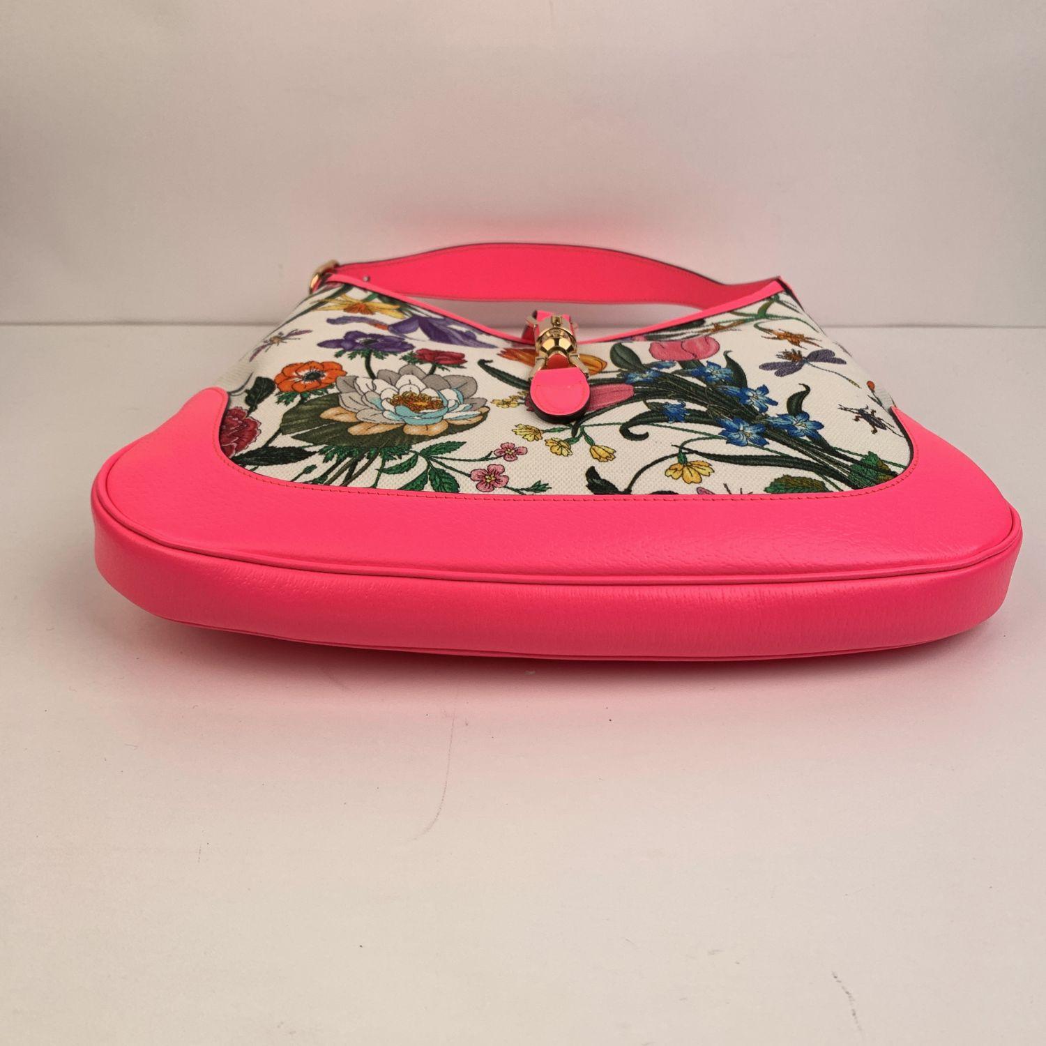 Pink Gucci Flora Canvas Fuchsia Leather Medium Jackie Hobo Bag