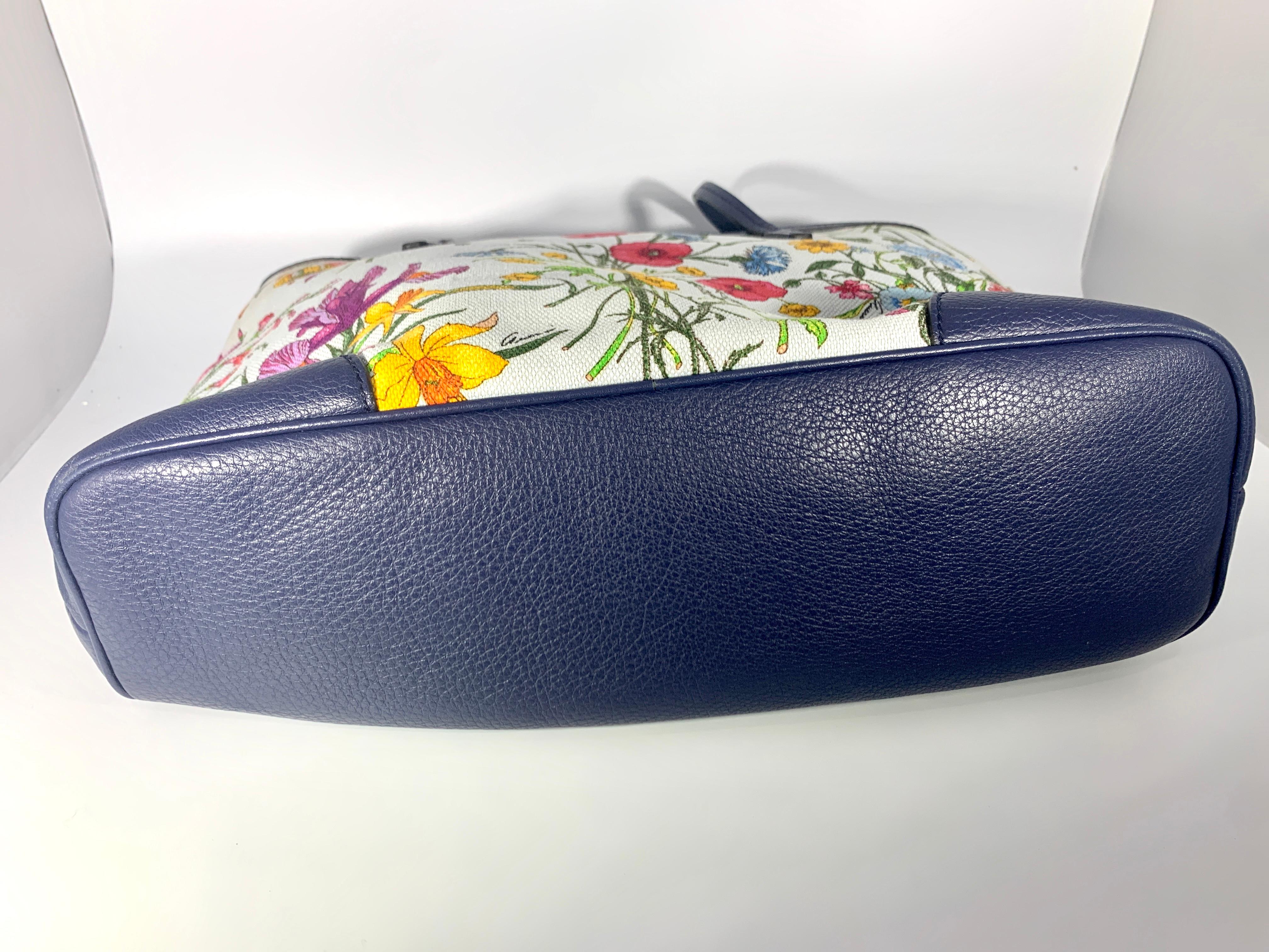  Gucci Flora Canvas Leather Trim Navy Blue With Flowers  Tote Handbag 1705189 2