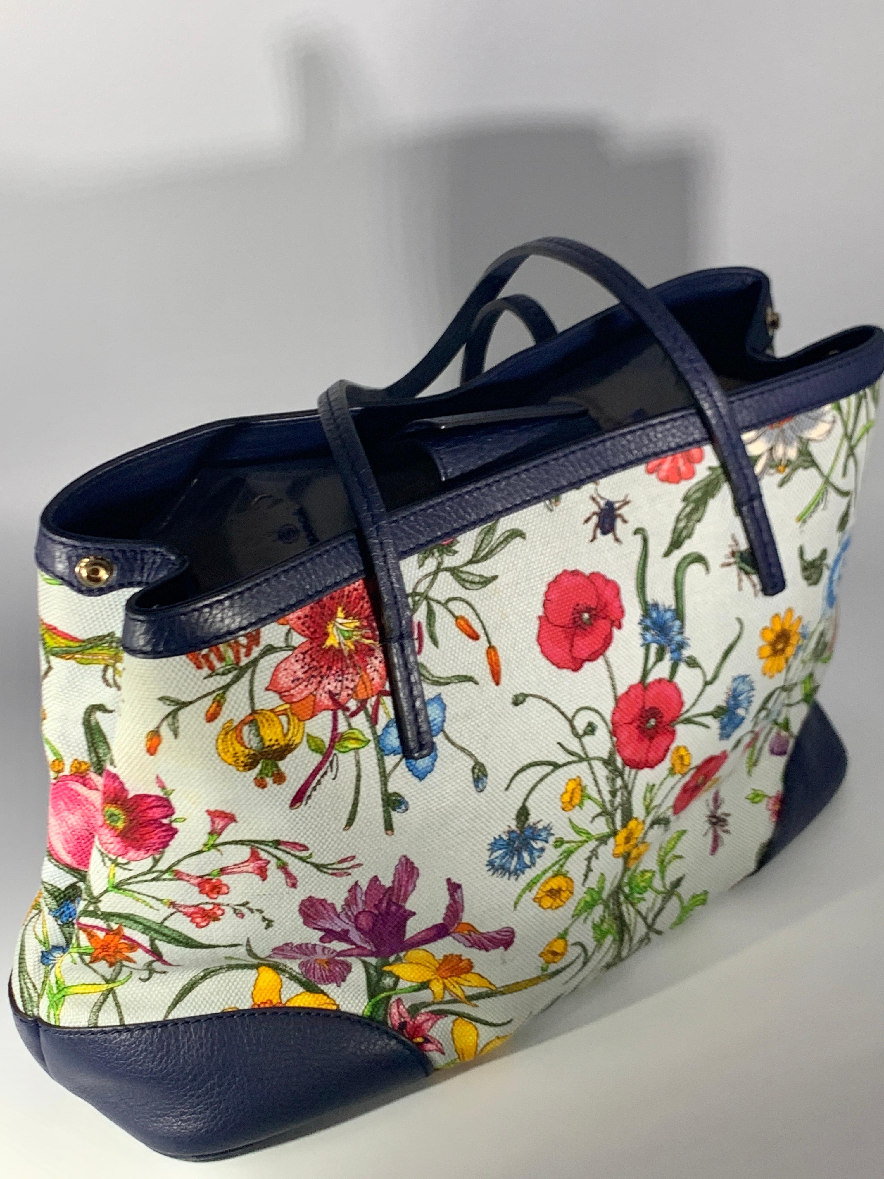  Gucci Flora Canvas Leather Trim Navy Blue With Flowers  Tote Handbag 1705189 4