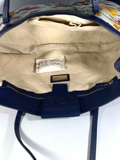 Gucci Flora Canvas Leather Trim Navy Blue With Flowers  Tote Handbag 1705189