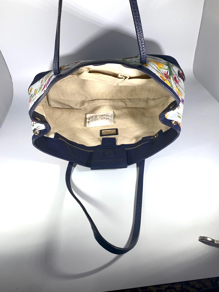 Gucci Flora Canvas Leather Trim Navy Blue With Flowers Tote Handbag ...