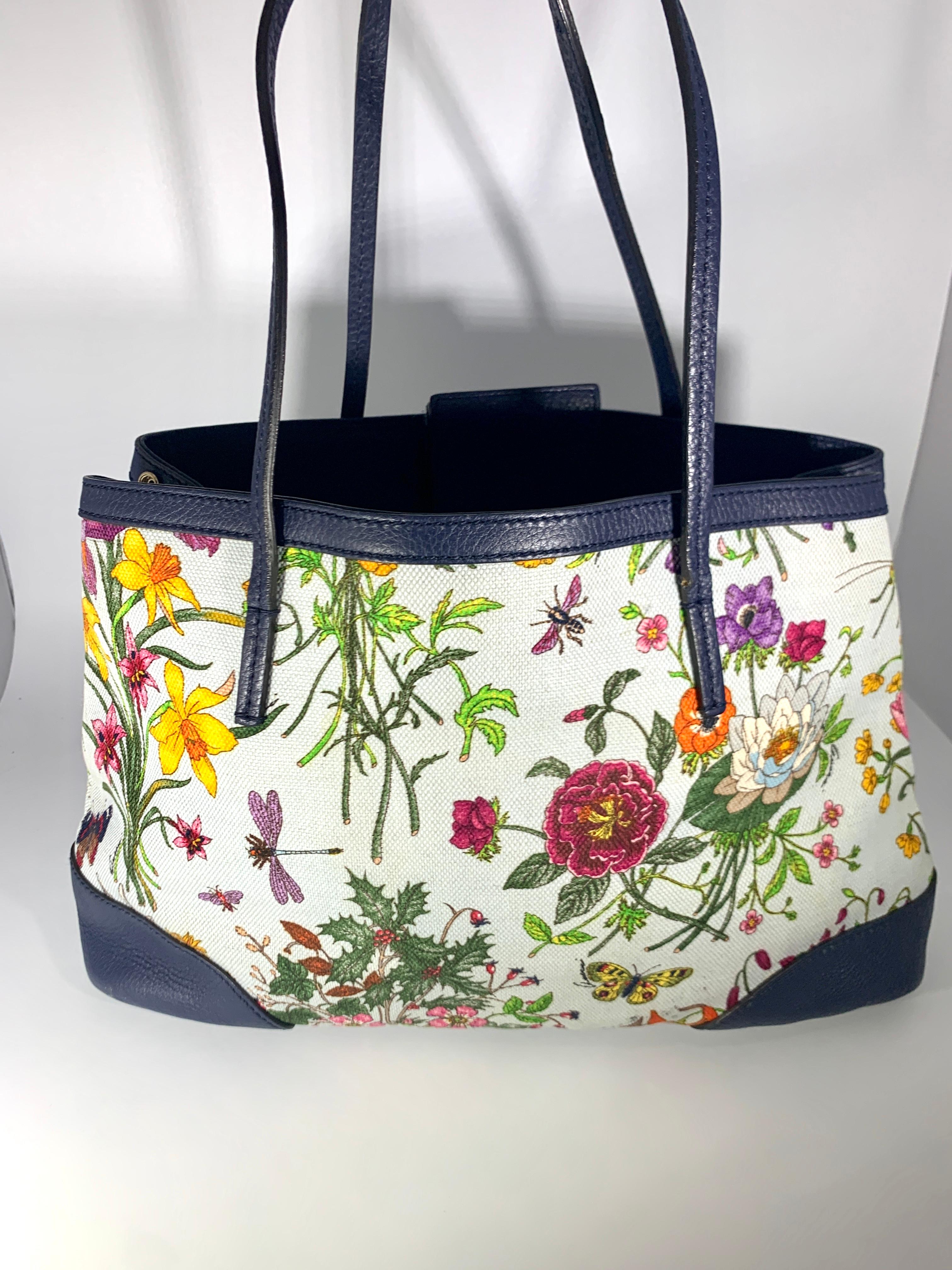 Gucci Flora Canvas Leder Trim Marineblau mit Blumen Tote Handtasche 1705189 Damen