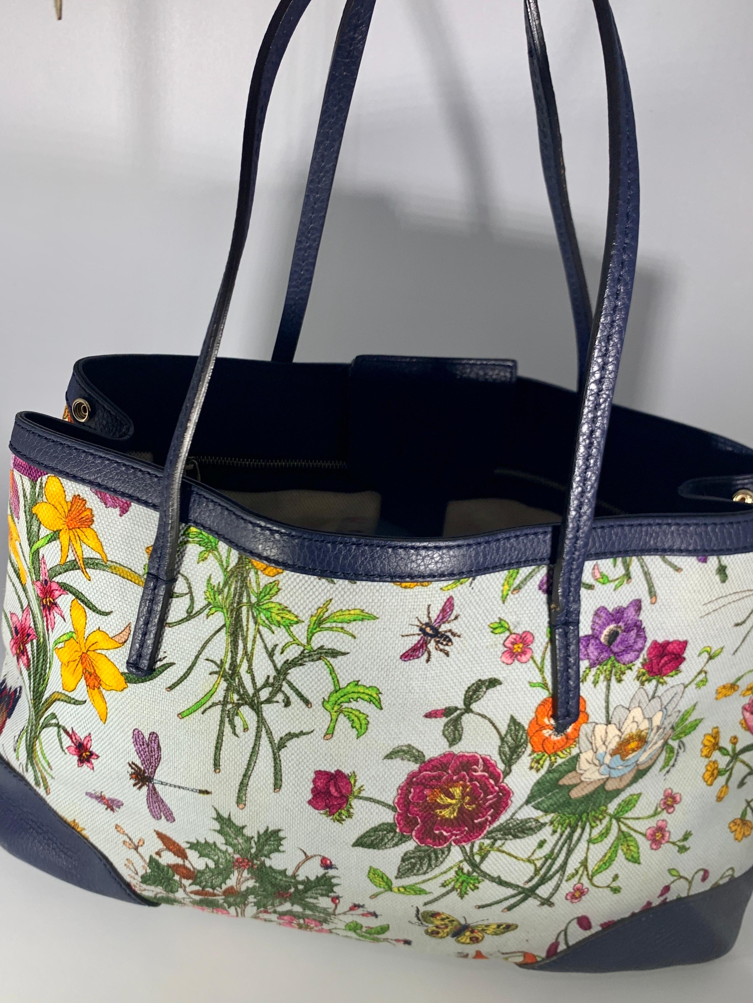 Women's  Gucci Flora Canvas Leather Trim Navy Blue With Flowers  Tote Handbag 1705189