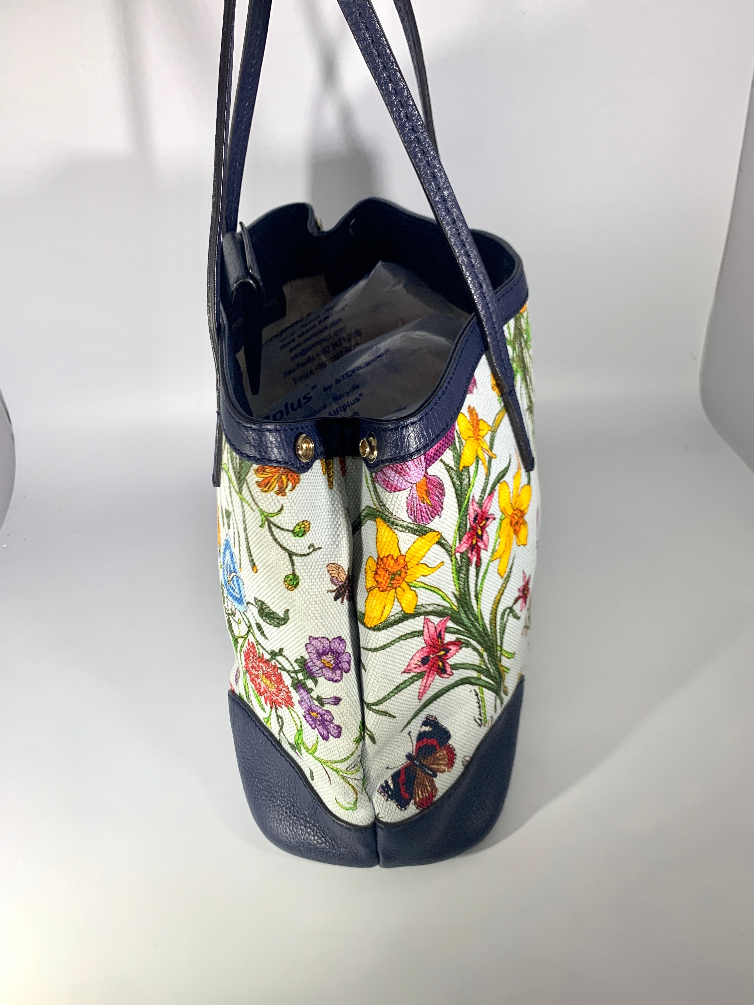  Gucci Flora Canvas Leather Trim Navy Blue With Flowers  Tote Handbag 1705189 1