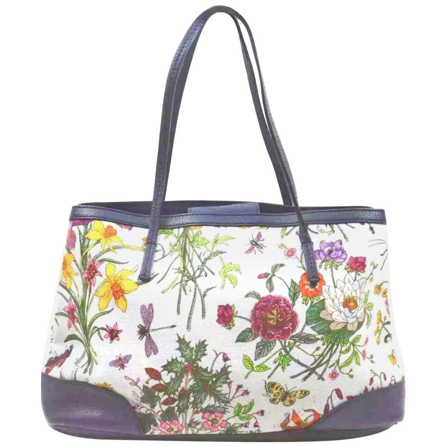  Gucci Flora Canvas Leather Trim Navy Blue With Flowers  Tote Handbag 1705189