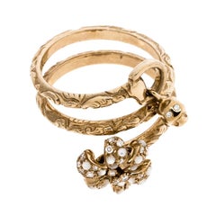 Gucci Flora Diamond 18K Yellow Gold Textured Wrap Charm Ring Size 54.5