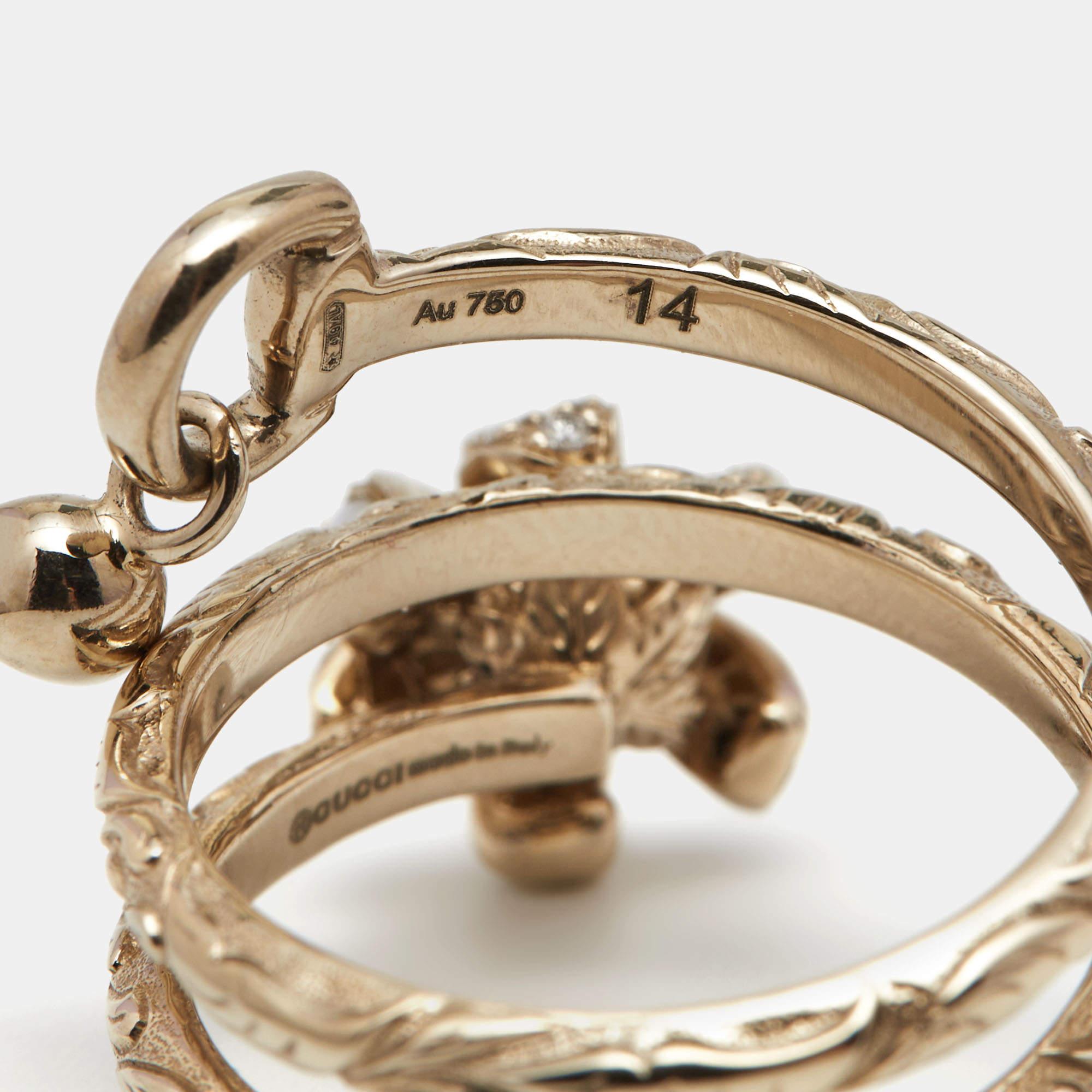 Gucci Flora Diamond Moonstone 18K Rose Gold Textured Wrap Charm Ring Size 54 In Good Condition In Dubai, Al Qouz 2