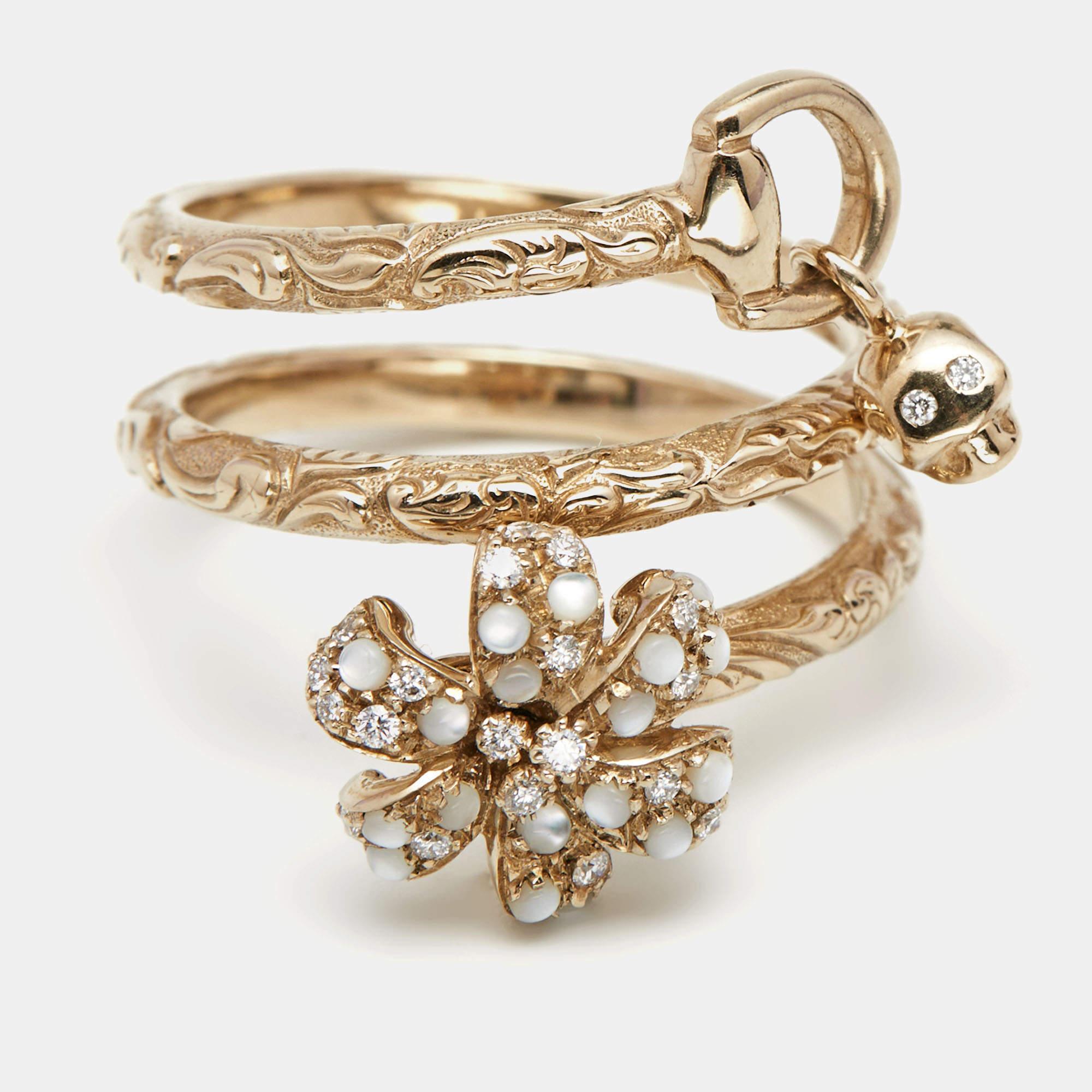 Women's Gucci Flora Diamond Moonstone 18K Rose Gold Textured Wrap Charm Ring Size 54