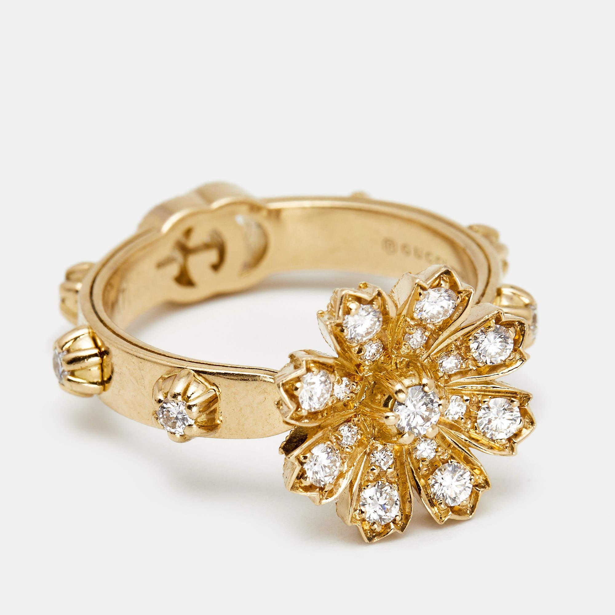 Uncut Gucci Flora Diamonds 18k Yellow Gold Ring Size 57