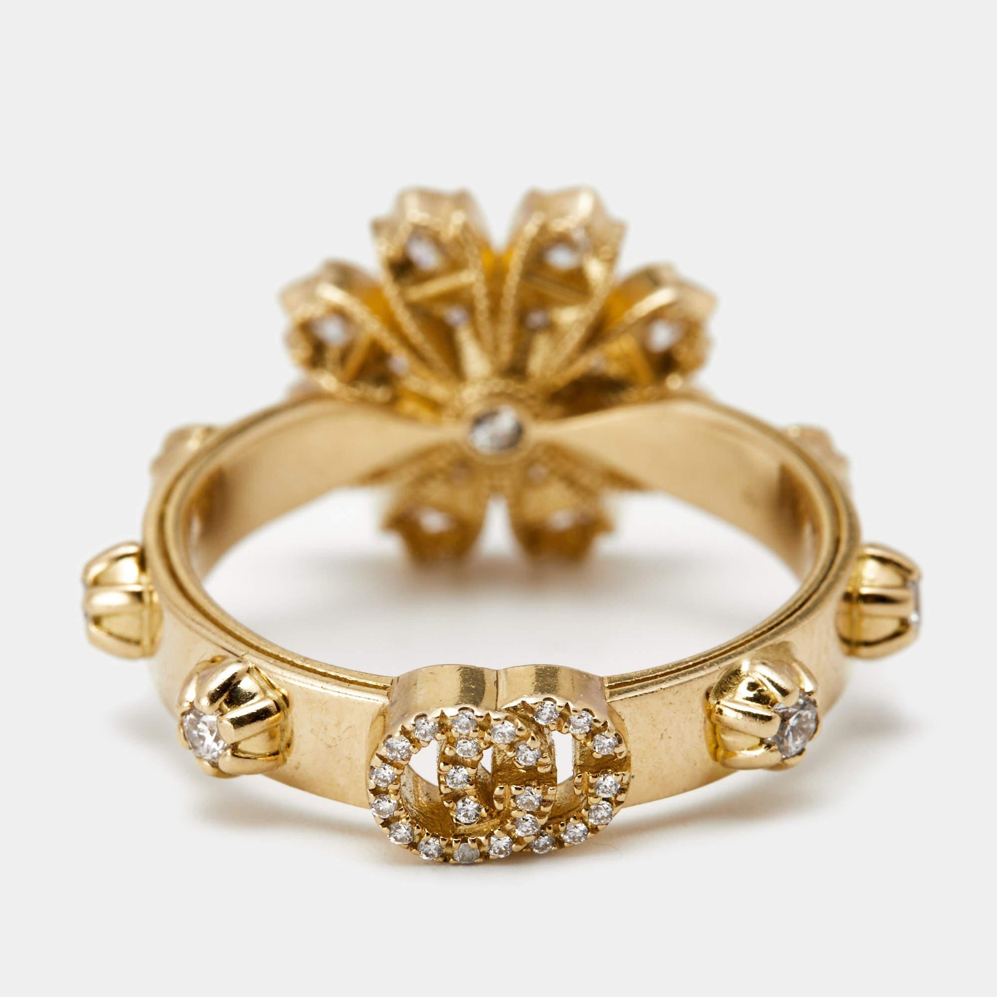 Gucci Flora Diamonds 18k Yellow Gold Ring Size 57 In Good Condition In Dubai, Al Qouz 2