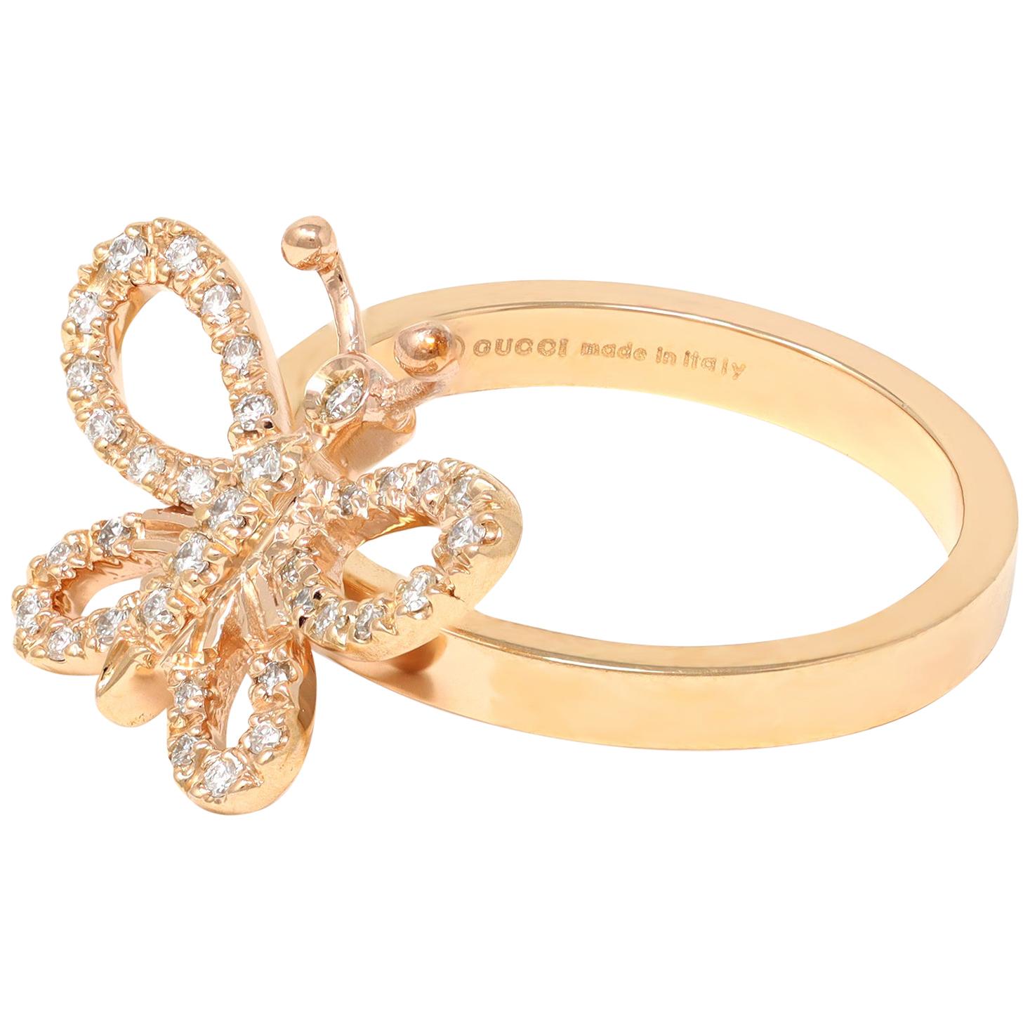 Gucci Flora Farfalla Ring mit beweglichem Schmetterling, Pavé-Diamant und Gold