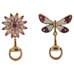 Gucci Flora Horsebit Rose Gold Enamel Ruby Butterfly Flower Earrings